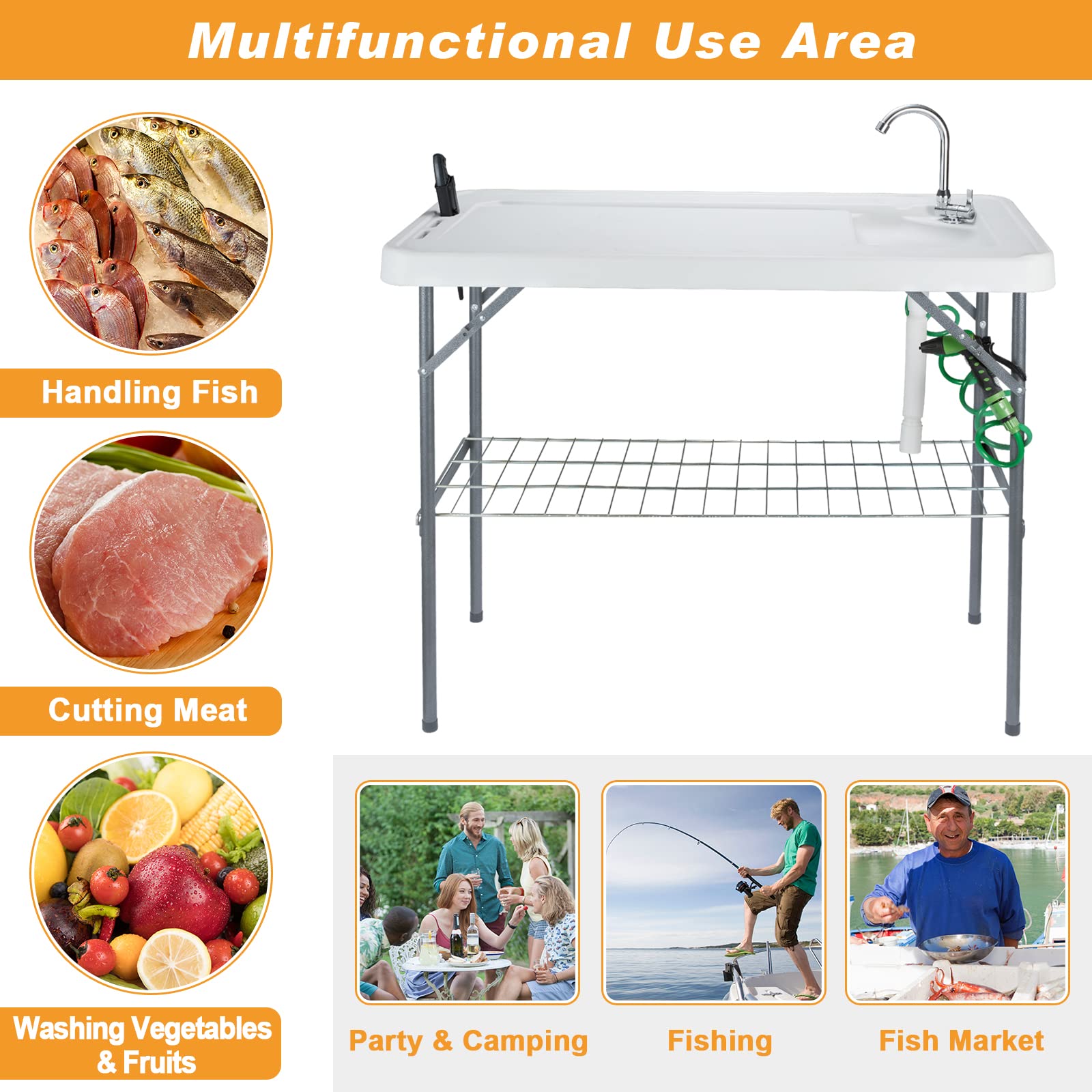 Portable Folding Fish Cleaning Table with Faucet, Drain Hose & Sprayer - Outdoor Camping Sink Station with Grid Rack & Knife Groove - Perfect for Fishing, Picnics, RV Trips & Backyard Fish Fillet Prep, Grey