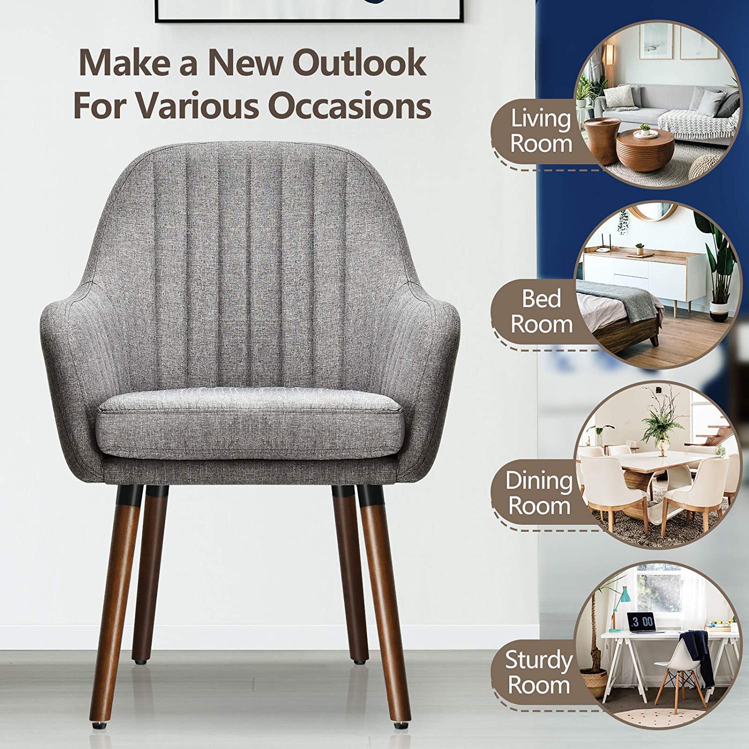 4-Piece Mocha Fabric Dining Chair Set - Modern Upholstered Armchair with Thick Sponge Seat & Rubber Wood Legs - Comfortable Accent Chairs for Dining Room, Living Room, Bedroom - Perfect for Family Gatherings, Home Decor & Relaxation (Grey, Set of 2)