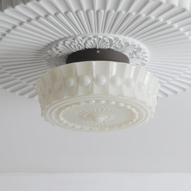 Vintage White Carved Edge Round Pendant Light - Farmhouse Kitchen Island Lighting, Dining Room Chandelier, Bedroom Ceiling Fixture