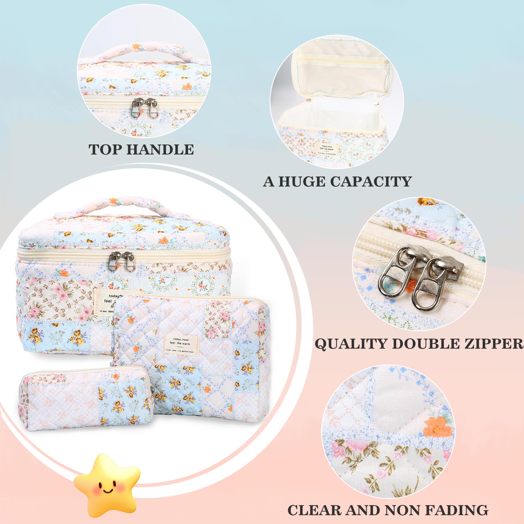 3Pcs Floral Makeup Bag Set - Large Quilted Cotton Cosmetic Organizer for Women | Travel & Daily Use
