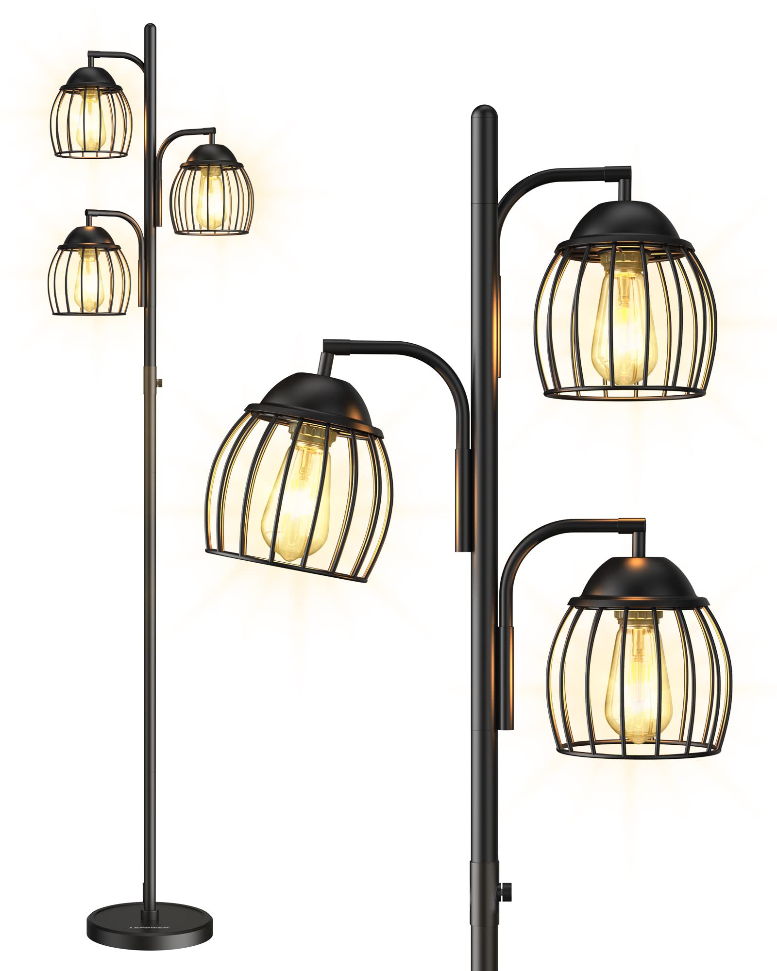 LEPOWER Adjustable Dimmable Floor Lamp with 3 x 1000LM LED Edison Bulbs - Industrial Style Multi-Head Standing Light for Bedroom, Office & Living Room - Perfect for Reading, Working and Ambient Lighting