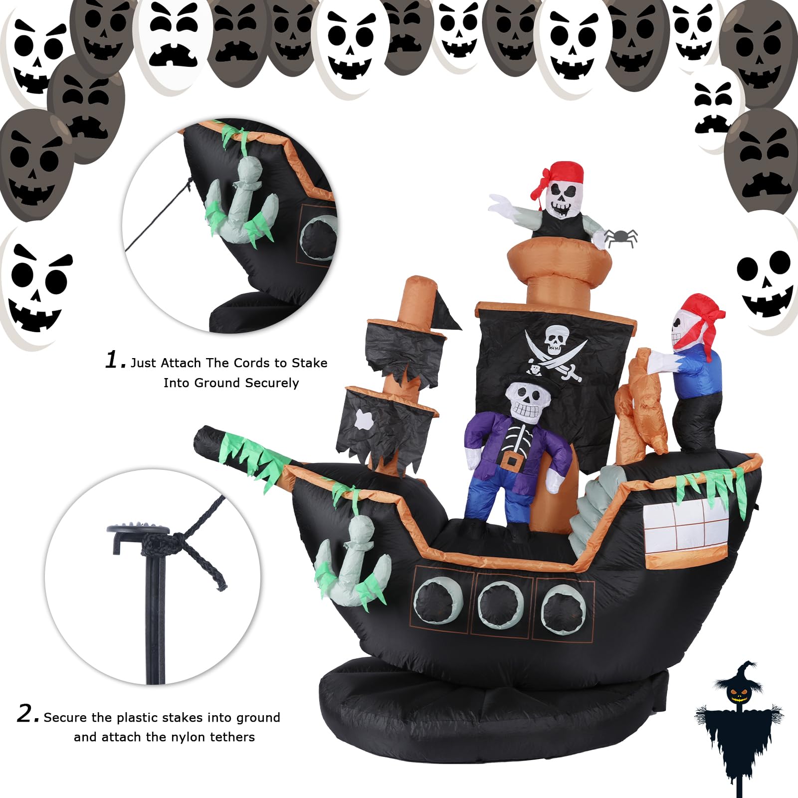7FT Halloween Inflatable Pirate Ship with LED Ghost Lights - Outdoor Halloween Decorations for Yard, Garden, Party - Spooky Pirate Theme for Halloween Party Decor & Lawn Display