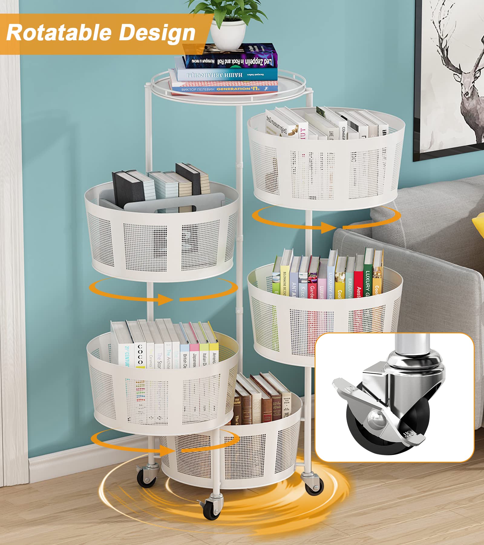 5-Tier Rotating Storage Rack with Metal Shelves - Kitchen Organizer for Fruits, Vegetables & Snacks | Space-Saving Rolling Cart for Pantry, Bathroom & Bedroom Organization | White