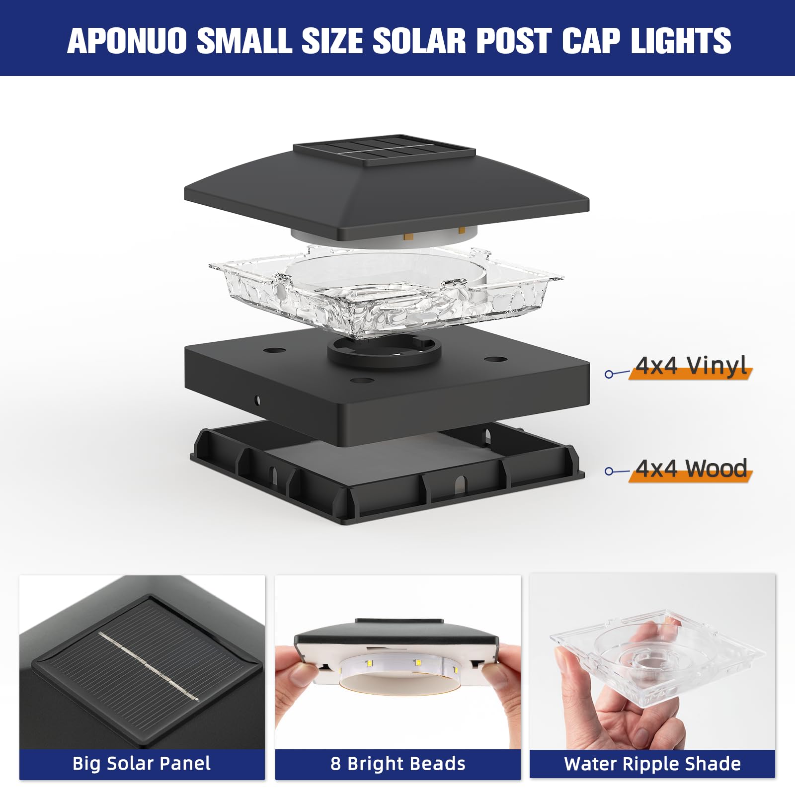 APONUO 6-Pack Black Solar Post Cap Lights - Warm White Waterproof Outdoor Solar Lights for 4x4 Wood/Vinyl Fence, Deck & Patio | Garden, Pathway & Backyard Decoration Lighting