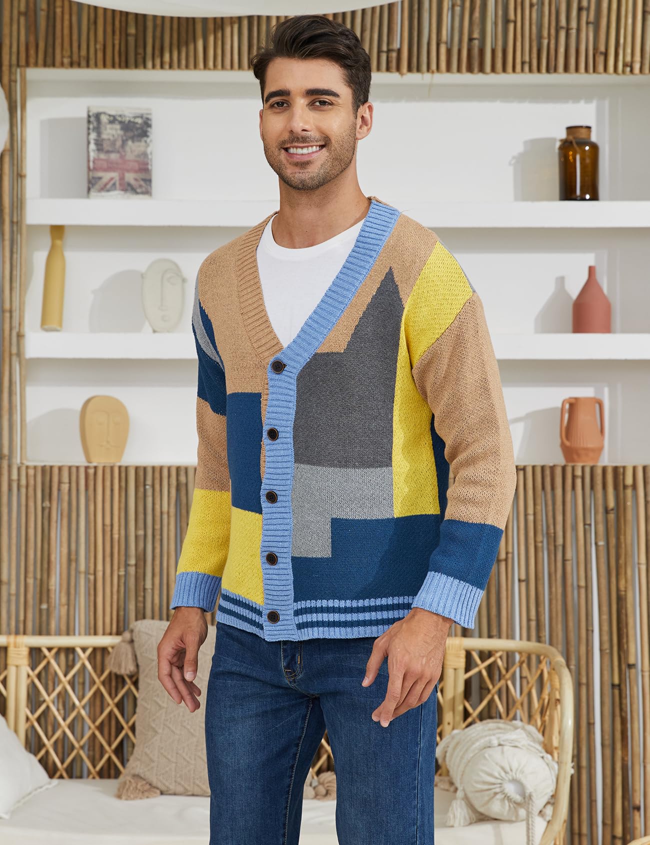 Arssm Men's Knitted Cardigan Sweater - Long Sleeve V-Neck Button Down Casual Cardigan for Office, Date & Fall Layering