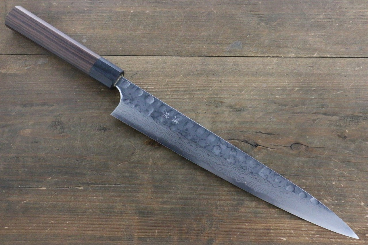 Premium Seisuke Blue Steel No.2 Hammered Damascus Yanagiba Sushi Knife 270mm with Shitan Handle - Professional Japanese Sushi & Sashimi Preparation for Chefs & Home Cooks