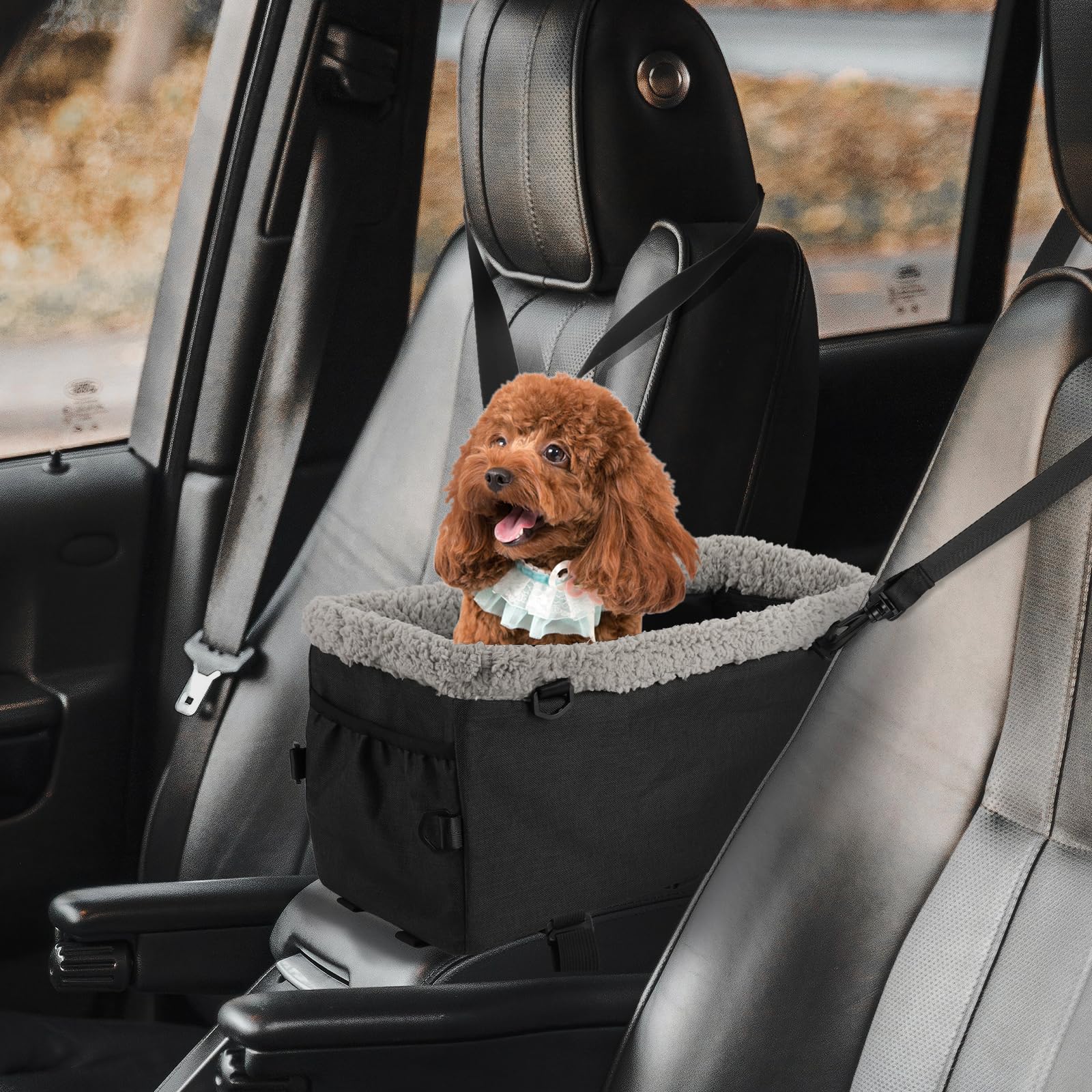 Small Dog Car Booster Seat for Pets Up to 12 lbs - Center Console Pet Carrier with Safety Belt & Puppy Hook - Soft, Warm, Washable & Comfortable - Perfect for Road Trips, Vet Visits & Daily Commutes