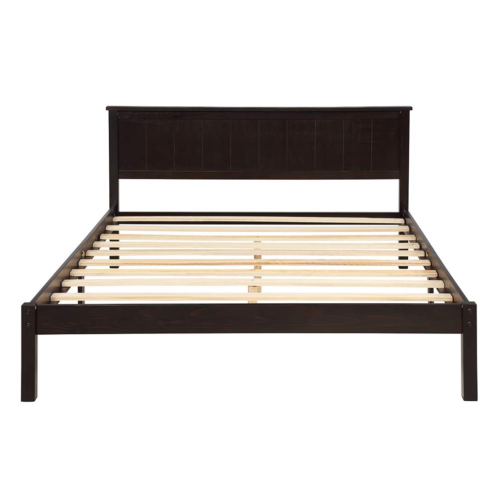 Rockjame Premium Brown Wood Queen Platform Bed Frame with Headboard - Sturdy Slat Support, Easy Assembly, No Box Spring Needed - Perfect for Modern Bedrooms & Guest Rooms
