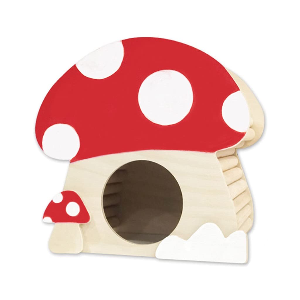 Wooden Hamster House - My Neighbor Totoro Inspired Small Animal Hideout for Guinea Pigs, Hamsters & Rodents - Chew Toy, Mushroom Doll House & Nest with Hammock (Brown, 19.5×13×18cm) - Perfect for Cage Decoration & Small Pet Playtime