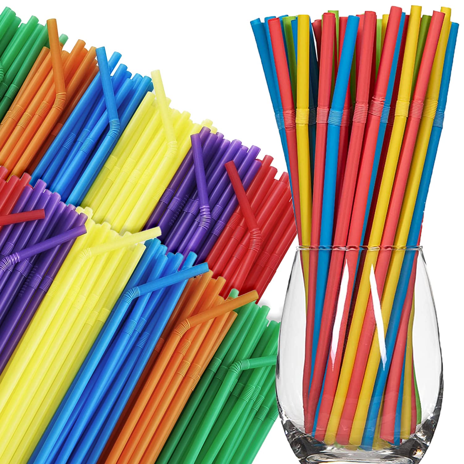 100-Pack Colorful Bendable Reusable Drinking Straws - Artistic Flexible Straws for Cocktails, Juice, Soda & Coffee - Fun Multi-Colored Glass Straws for Kids & Adults - Perfect for Parties, Home Bars & Outdoor Picnics