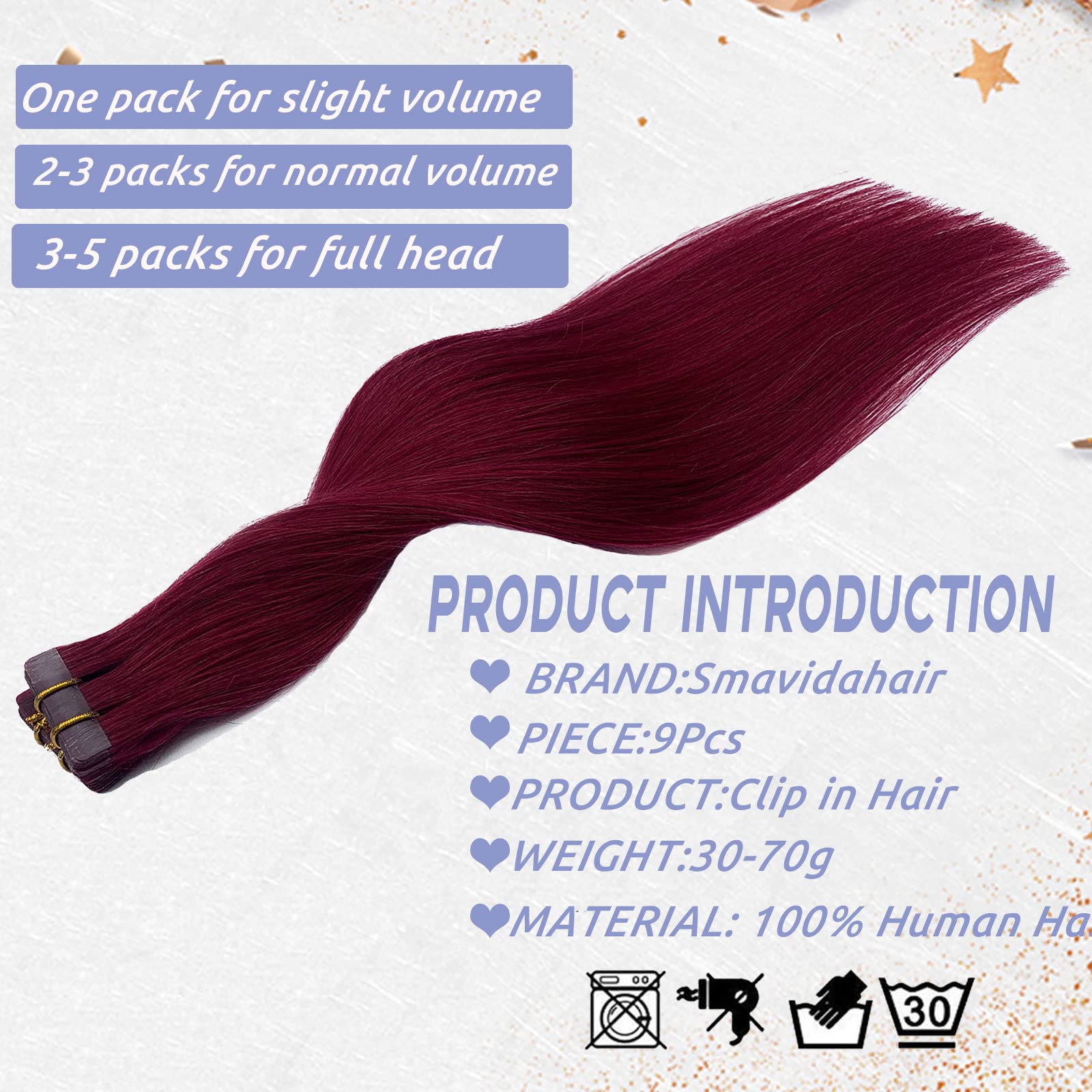 Smavida Tape in Hair Extensions #99J Red Wine - 20pcs/30g Human Hair Wefts | Seamless Skin Weft Silk Straight Remy Hair Extensions with Glue | Perfect for Parties, Weddings & Daily Styling