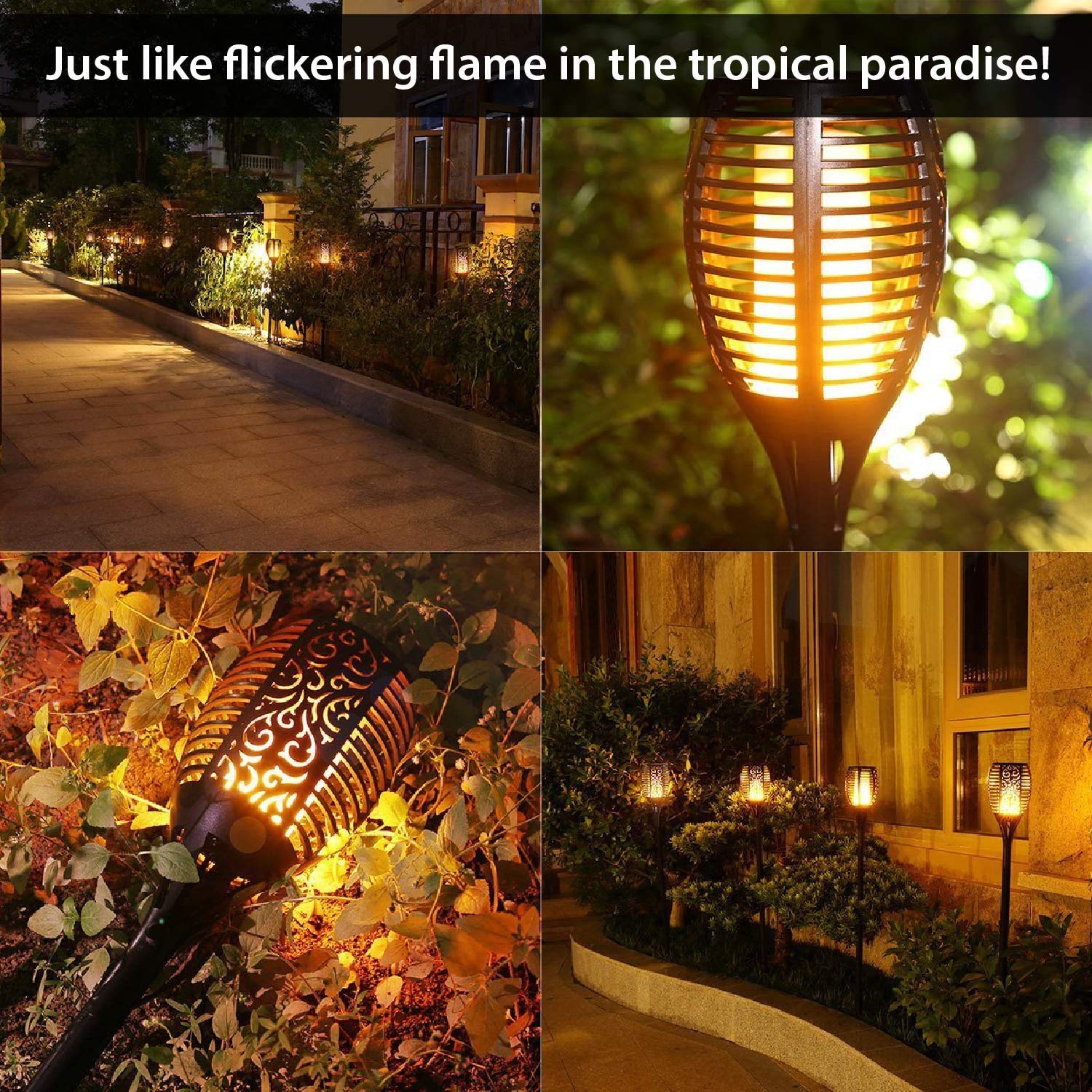 96 LED Solar Powered Flickering Flame Lights - Waterproof Outdoor Torch Lights with Auto Dusk to Dawn Sensor - 10 Pack for Patio, Driveway, Garden, Pathway & Landscape Lighting Security