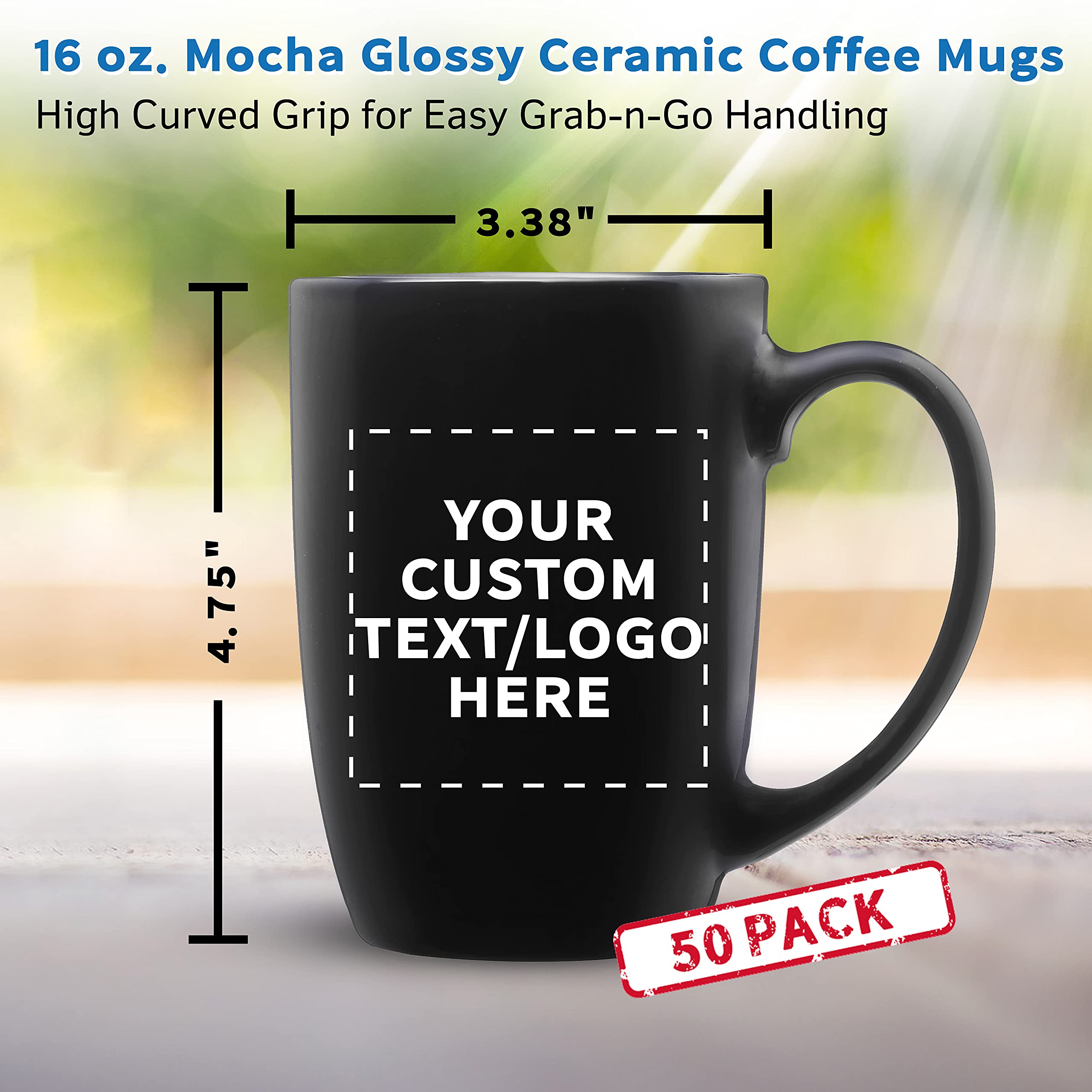 50 Large Mocha Glossy Ceramic Coffee Mugs Set - 16 oz Customizable Text & Logo - Durable Stoneware with Smooth Finish & C-Handle - Perfect for Office, Restaurant, Cafe, and Home Use - Black