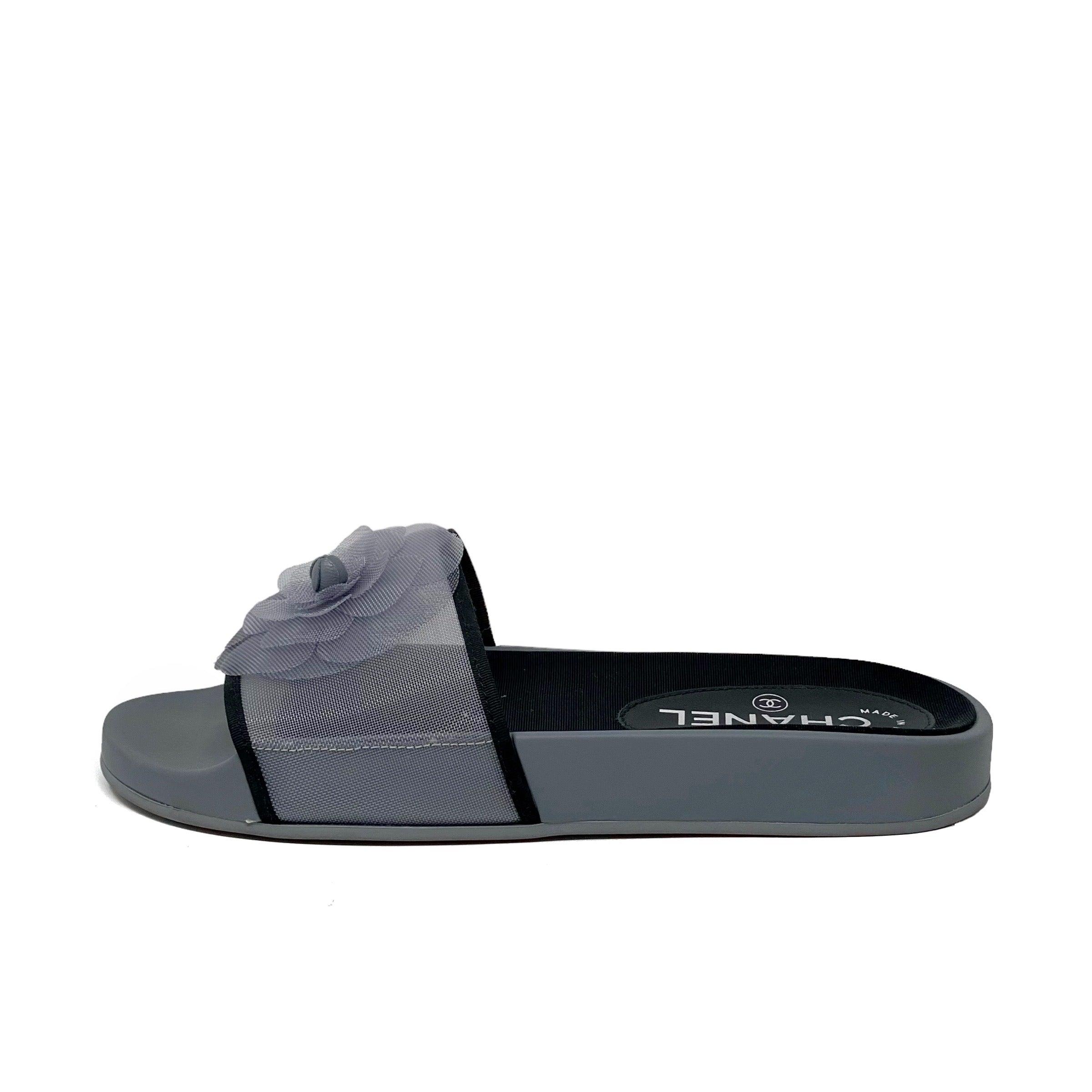 Chanel Gray Mesh Camellia Slides Size 36 - Women's Luxury Comfortable Summer Sandals for Beach, Pool & Casual Outings