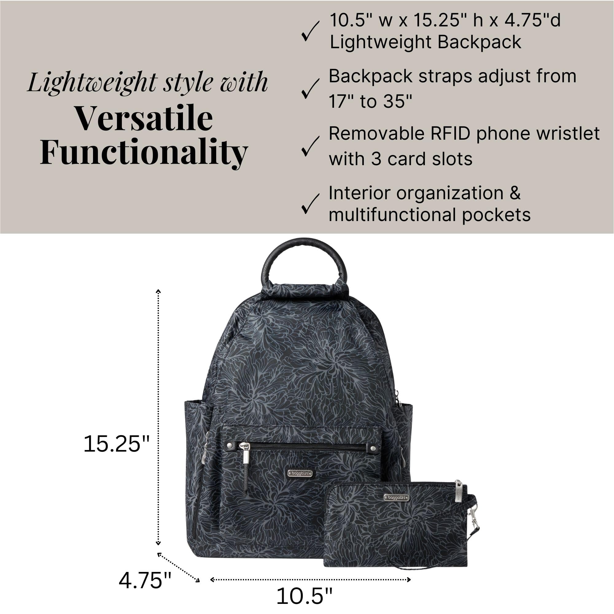 Baggallini Women's All Day Backpack - Lightweight Travel Laptop Backpack with Multiple Pockets, Midnight Blossom Print, One Size Fits All - Perfect for Work, Commuting & Weekend Getaways