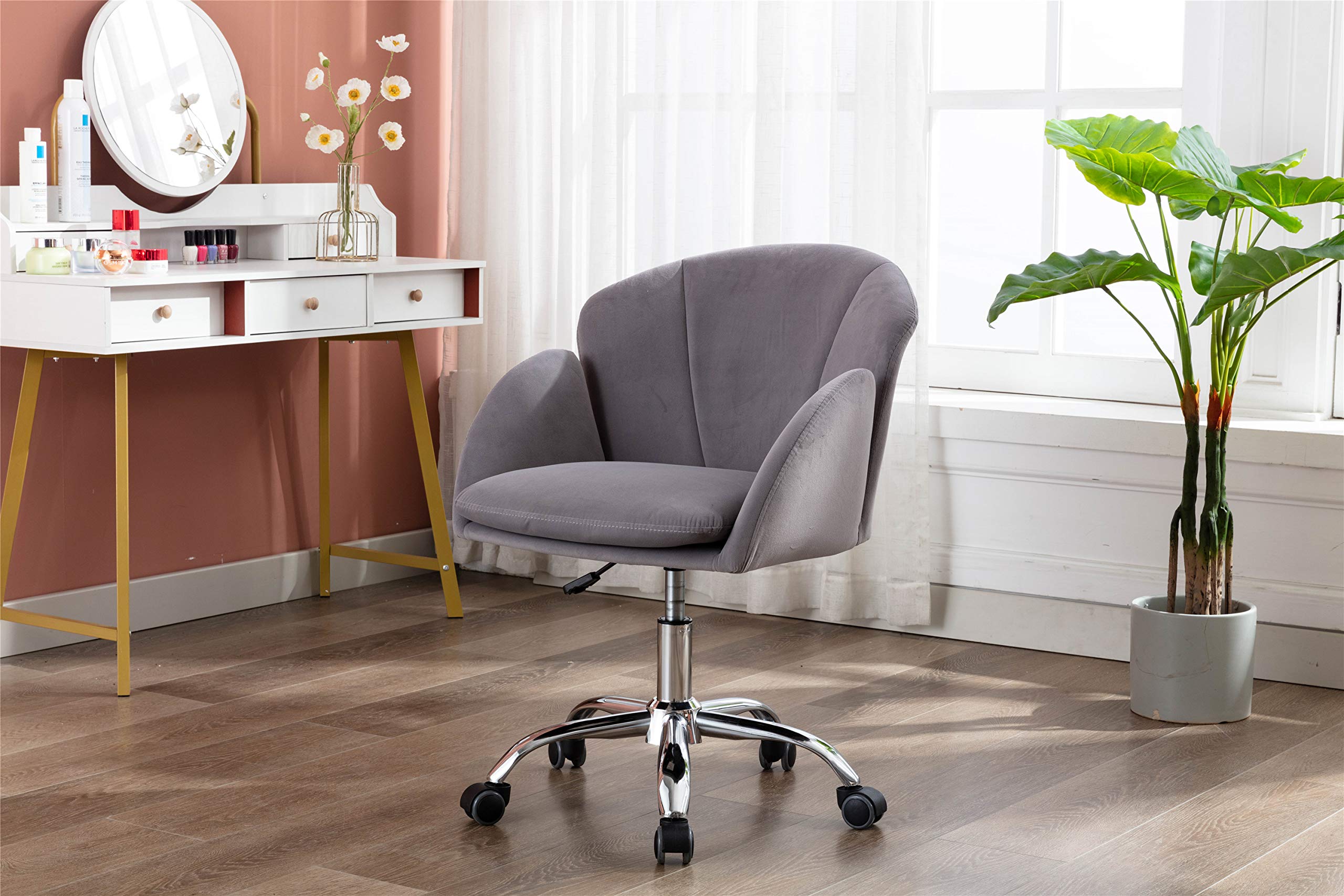 Velvet Office Desk Chair - 360° Swivel Adjustable Height Tufted Upholstered Armchair with Padded Seat | Ergonomic Comfort for Home Office, Study, Bedroom & Living Room | Modern Accent Chair for Work, Gaming & Relaxation (Gray)