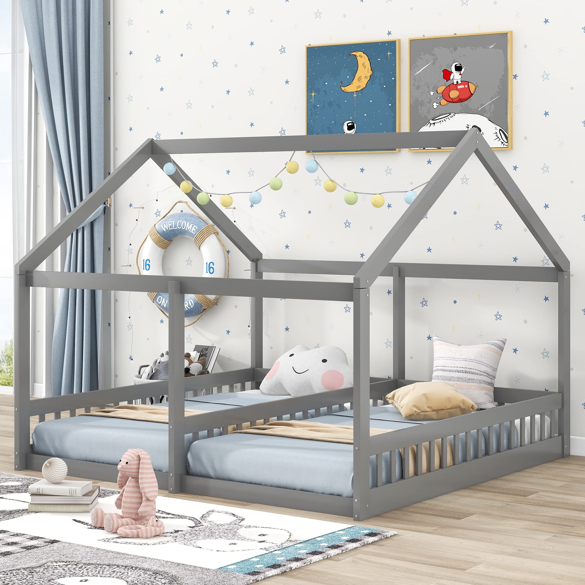 Twin Size House Platform Bed Frame - Solid Pine Wood Kids Bed with Roof - Gray - Perfect for Shared Bedrooms, Playrooms, and Cozy Sleepovers