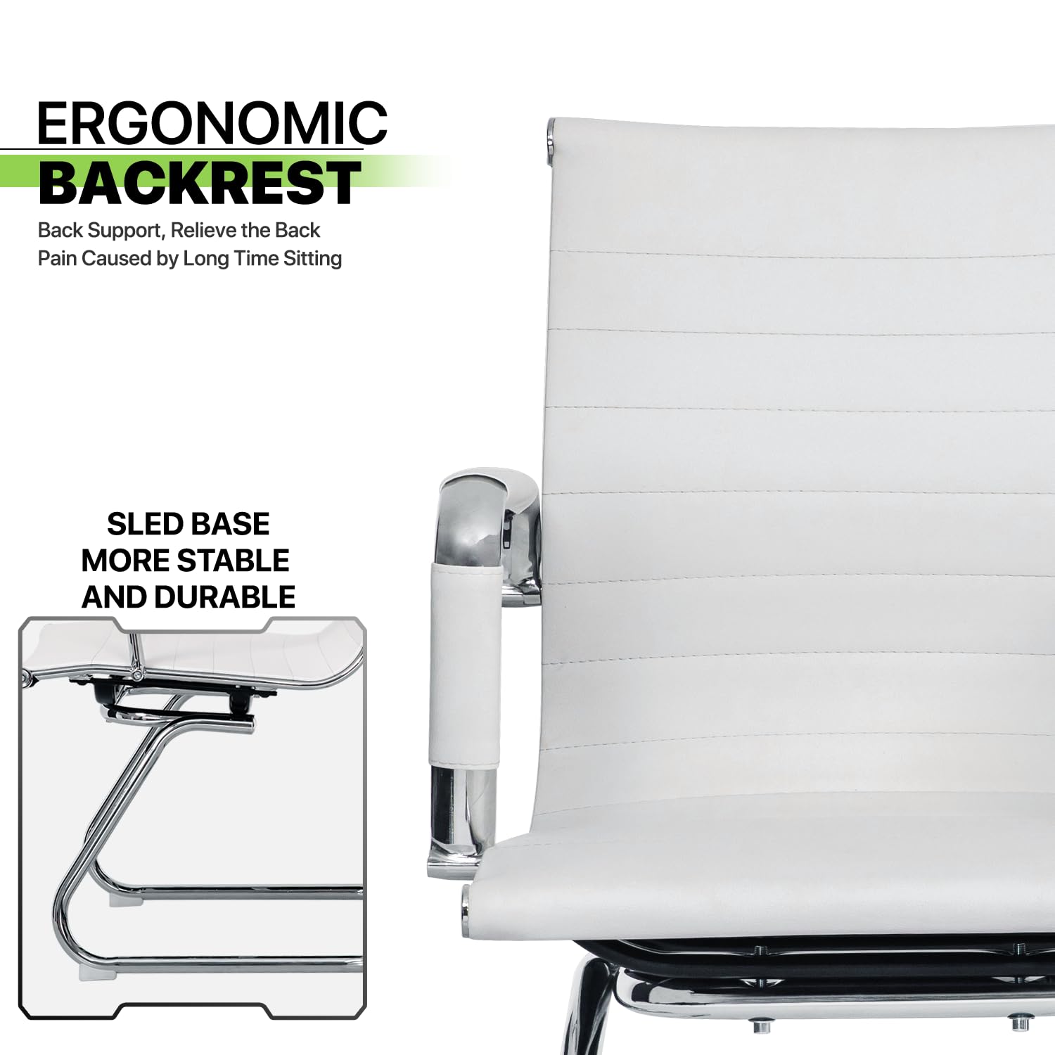 Magshion Office Reception Guest Chair - No Wheels, Mid Back PU Leather Waiting Room Chair with Metal Leg Sled Base & Arms - Conference Room, Lobby, Clinic, Hotel (White, 2 Pack)