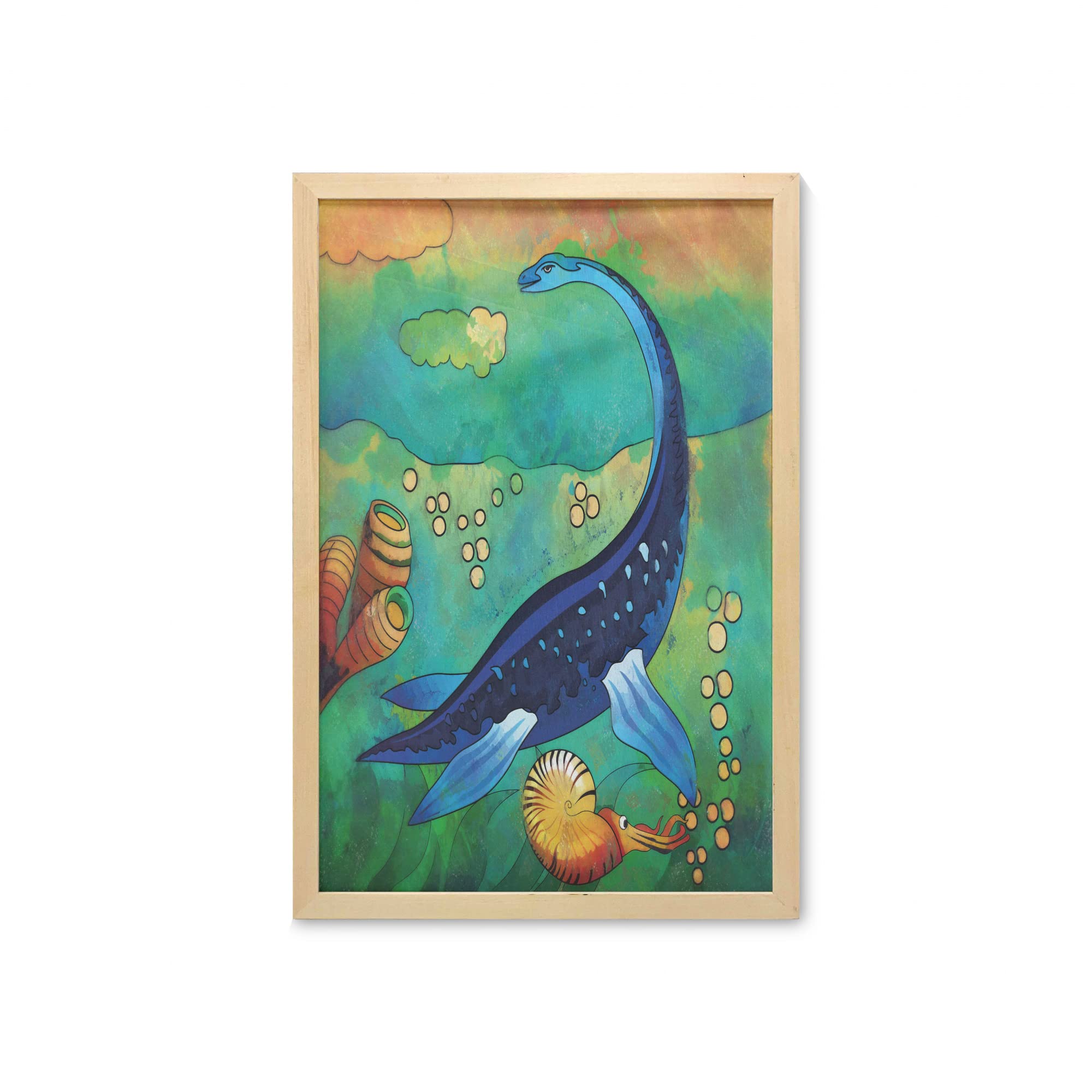 Ambesonne Dinosaur Wall Art - Framed Plesiosaurus Underwater Habitat Print, 23