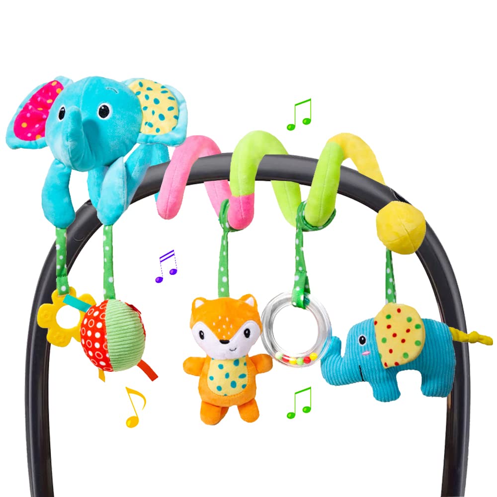 Soft Spiral Hanging Toys for Car Seat & Stroller - Plush Baby Toys with Squeaker & Rattle for 0-12 Months | Crib, Bassinet & Mobile Decor | Perfect for Newborns & Infants During Travel & Playtime