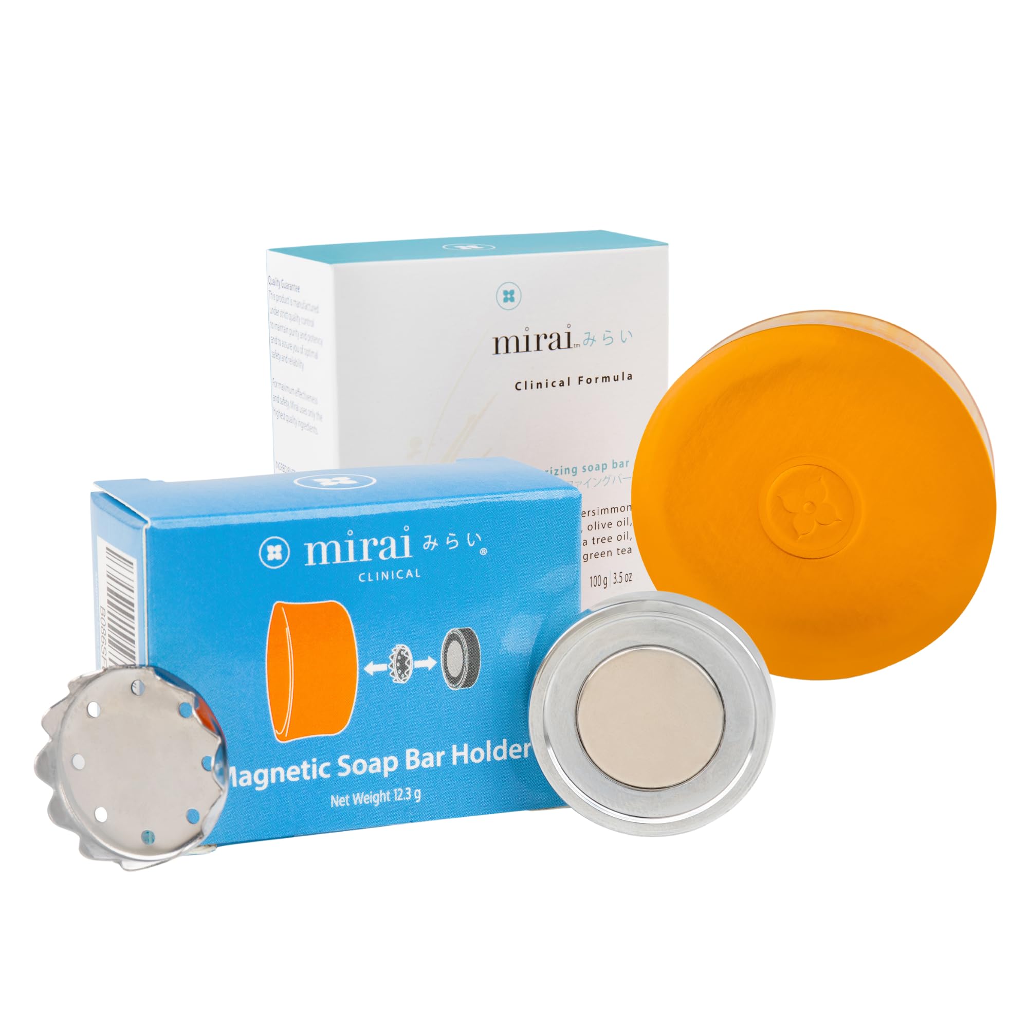 Premium Mirai Clinical Skincare Shower Bundle - 100g Persimmon Soap Bar & Magnetic Stainless Steel Soap Holder with Nonenal Defense Soap - Anti-Aging & Odor Control for Daily Shower Routine - Perfect for Sensitive Skin & Elderly Care