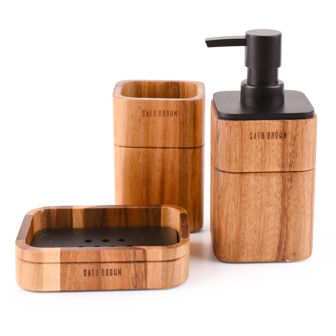 Premium Acacia Wood Bathroom Accessory Set - 3-Piece Soap Dispenser, Tumbler & Soap Dish | Modern Bathroom Decor, Housewarming Gift for Spa-Like Luxury at Home