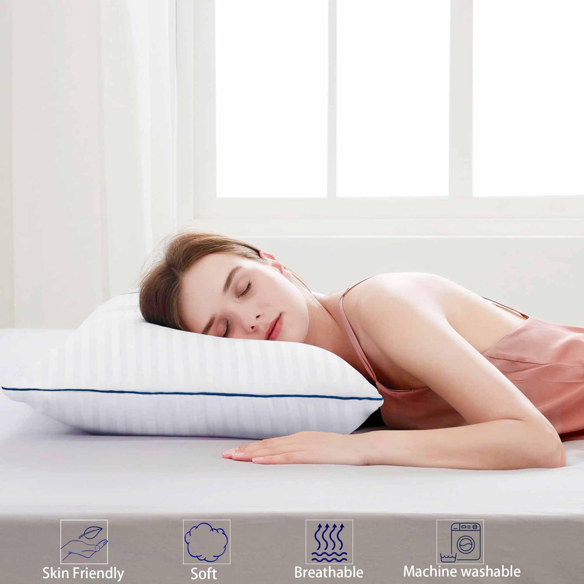 Premium Soft Hypoallergenic Queen Size Pillows Set of 2 - 20x28 Inch Down Alternative Bed Pillows for Side, Back & Stomach Sleepers - Fluffy Support for Ultimate Comfort in Bedroom & Guest Room (White Striped)