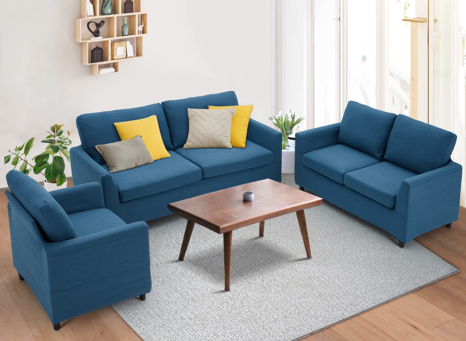 YODOLLA 3-Piece Modular Sectional Sofa Set with Removable Blue & Dark Grey Covers - Modern Upholstered Living Room Couch (3-Seater, Loveseat & Armchair) for Small Spaces, Apartments, Bedrooms & Dorm Rooms | Perfect for Entertaining, Relaxing & Space-Saving Furniture Arrangements