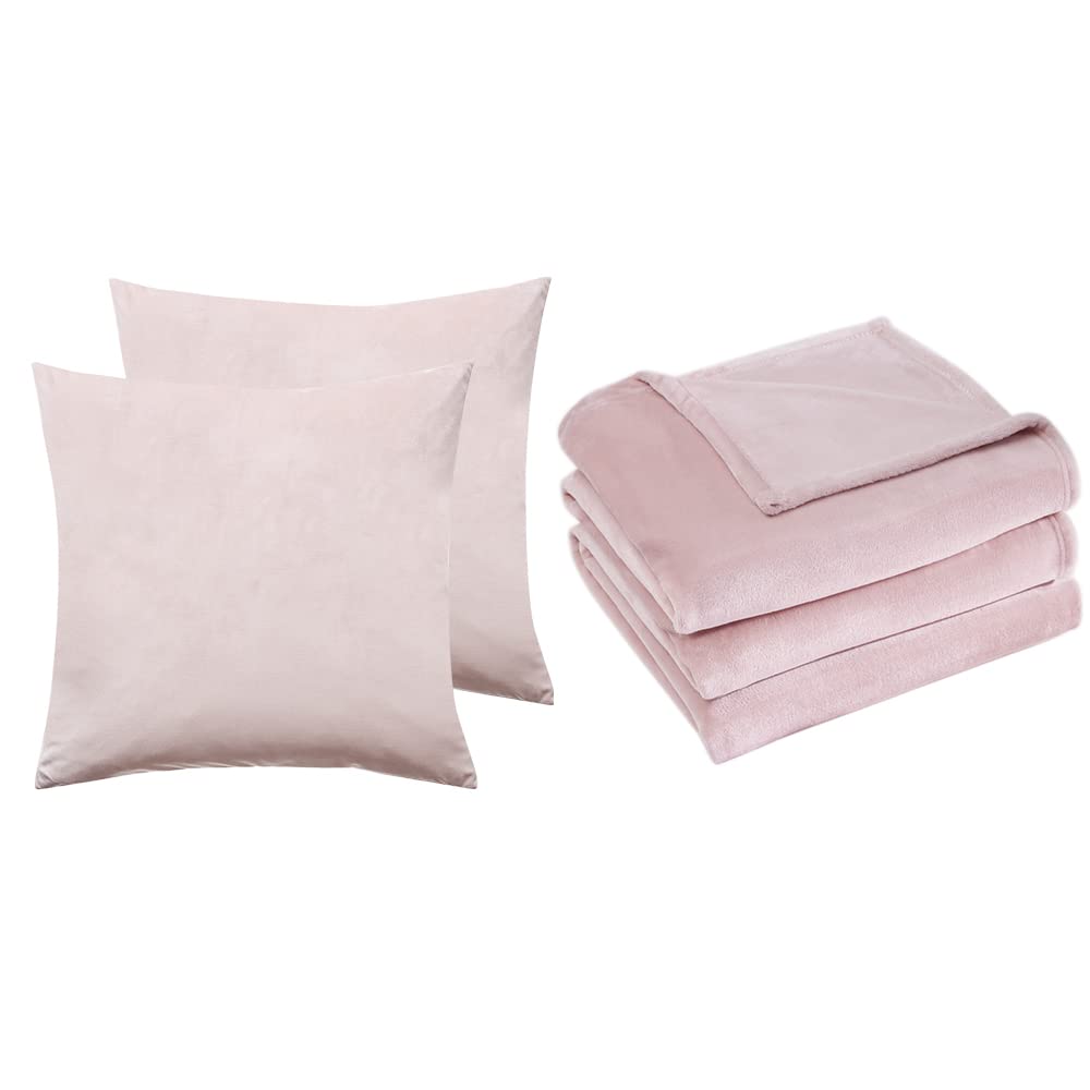 Premium Velvet Pillow Covers & Cozy Fleece Blanket Set - 18x18 Inch Petal Pink Pillowcases + 90x90 Inch Dusty Rose Queen Blanket - 2-Piece Luxury Bedding Bundle for Living Room, Bedroom & Home Decor