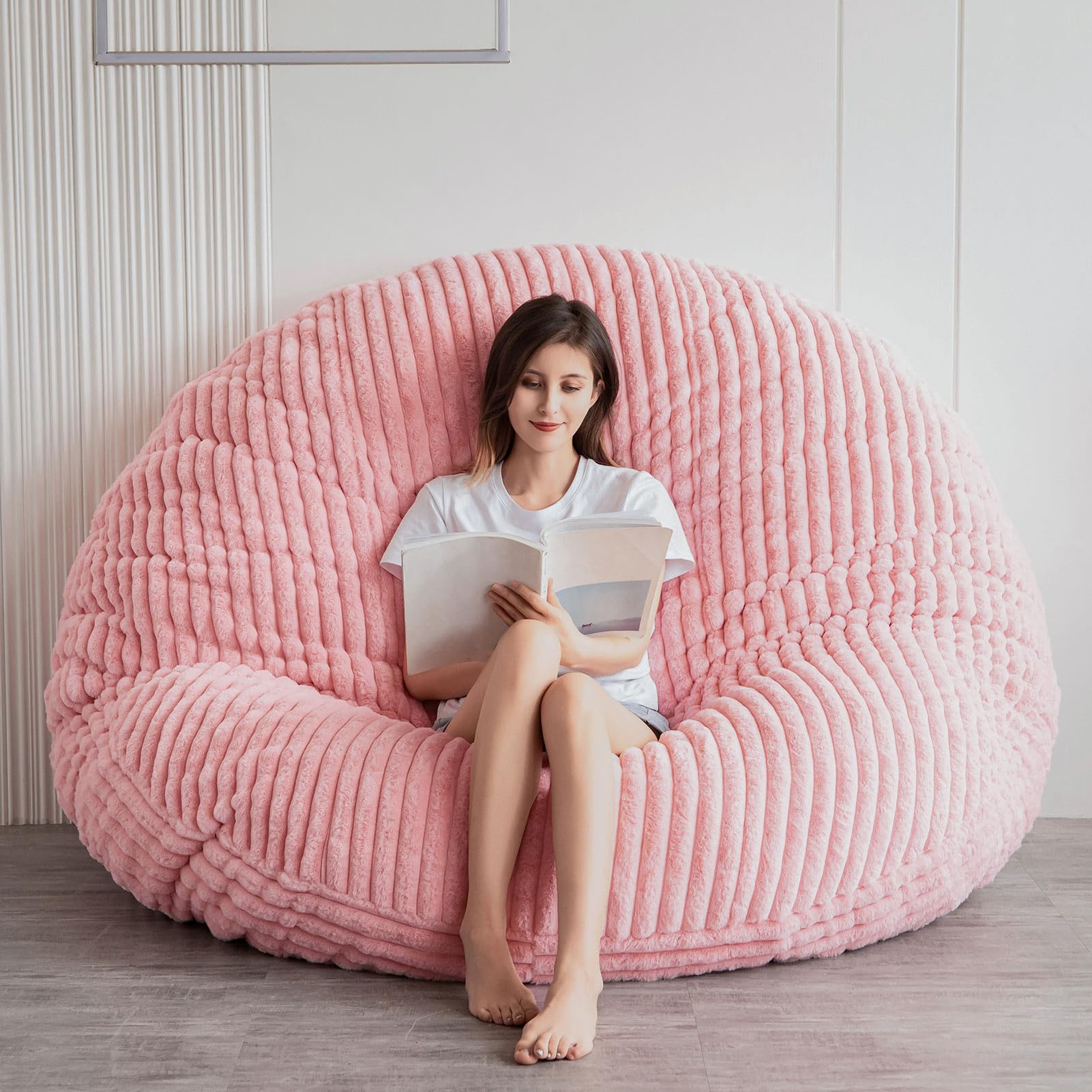 MAXYOYO Giant Round Bean Bag Chair for Adults - Soft Striped Faux Fur Oversized Lounger in Pink | Perfect for Living Room, Bedroom, Game Room & Dorm Relaxation
