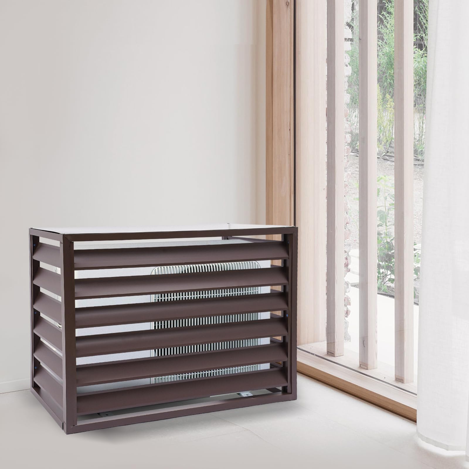 Outdoor Air Conditioner Privacy Fence Cover - Durable Metal AC Unit Fence with Louvered Design for Yard, Patio & Backyard | Space Divider & Equipment Protection (Coffee Color)
