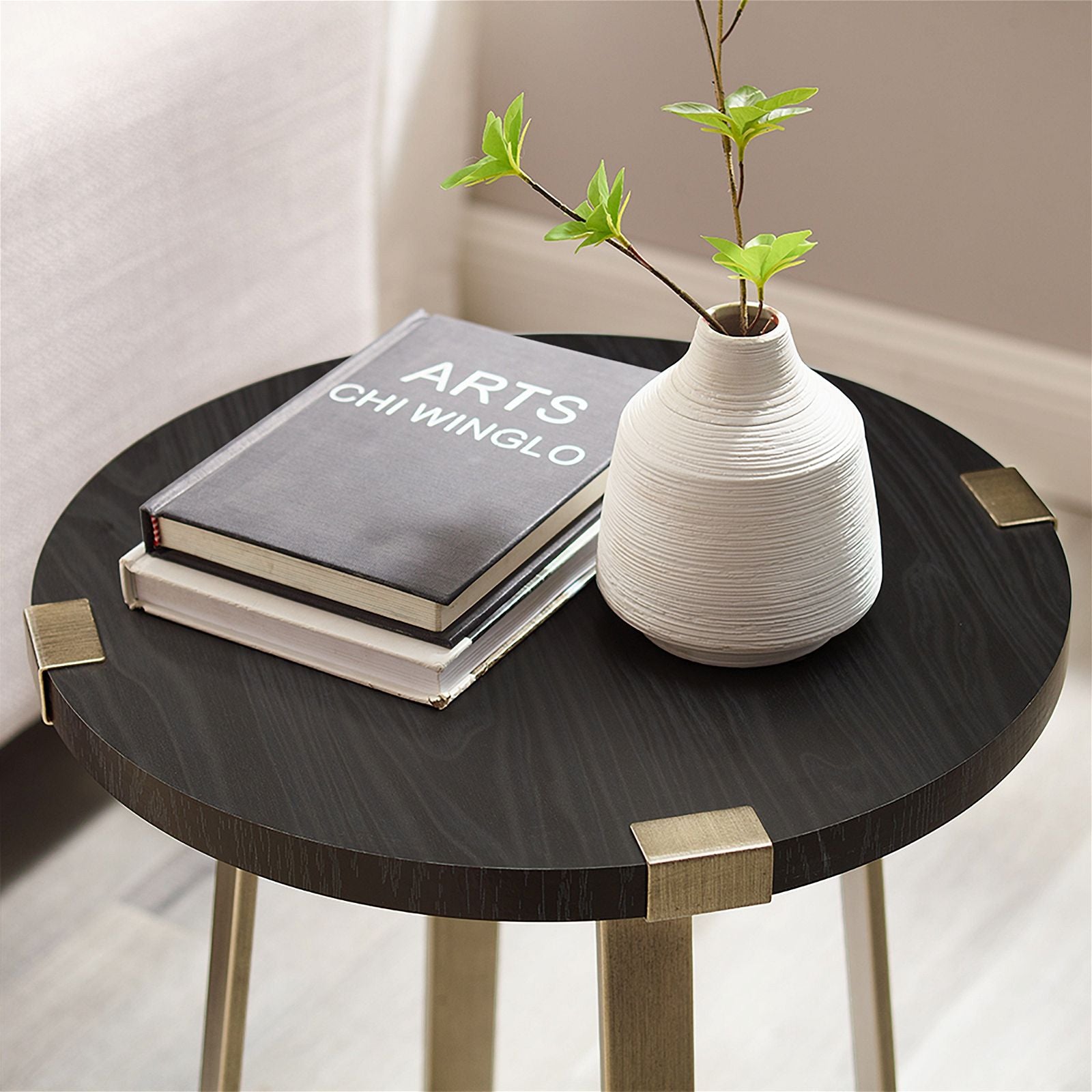 Modern Capri Round End Table - Black Oak & Gold Finish by Criterion | Stylish Side Table for Living Room, Bedroom or Office Decor