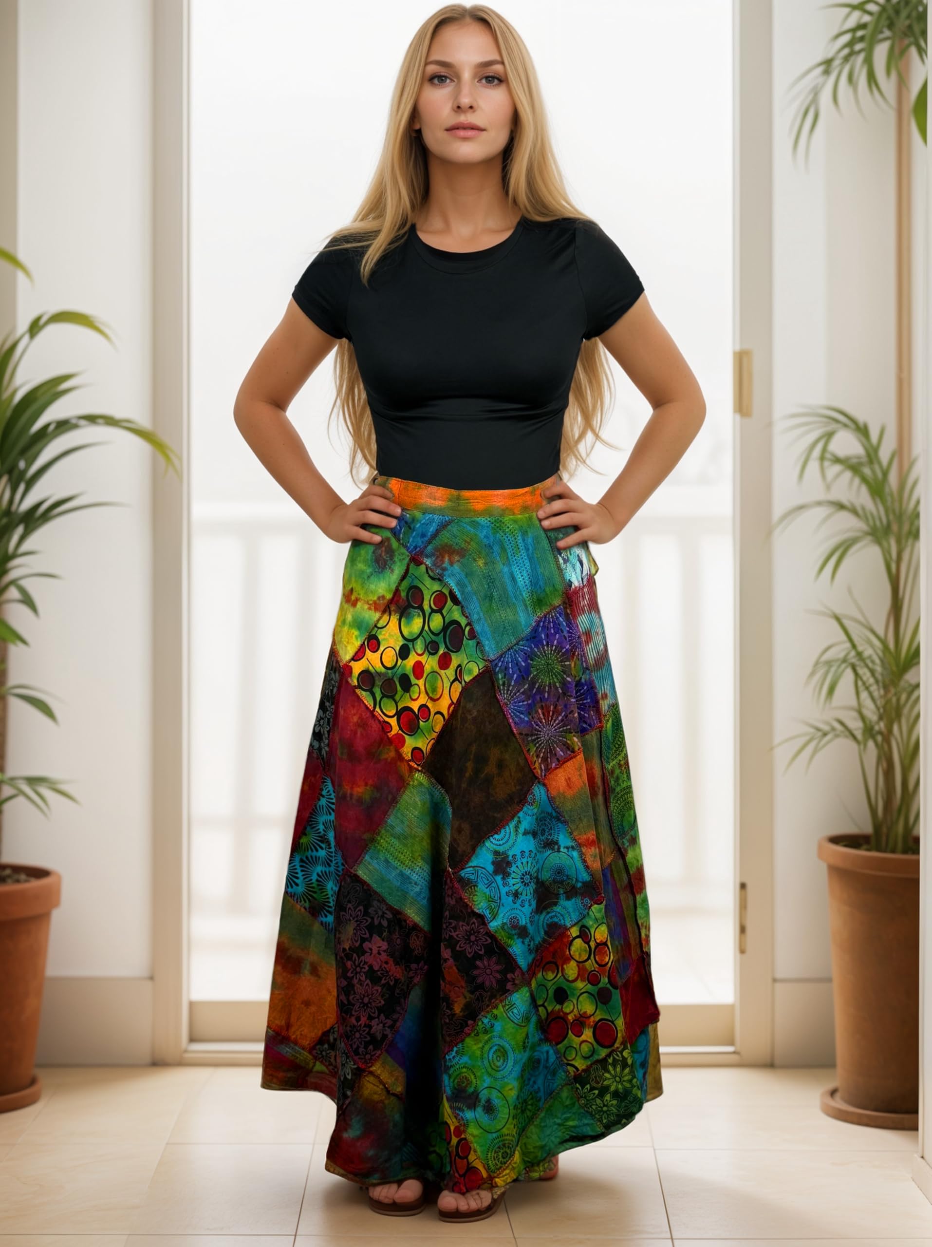Agan Traders Women's 2025 Spring & Fall Boho Maxi Skirt - High Waisted Long Bohemian Wrap Skirt with Patchwork & Tie Up Detail for Beach, Festival & Casual Wear