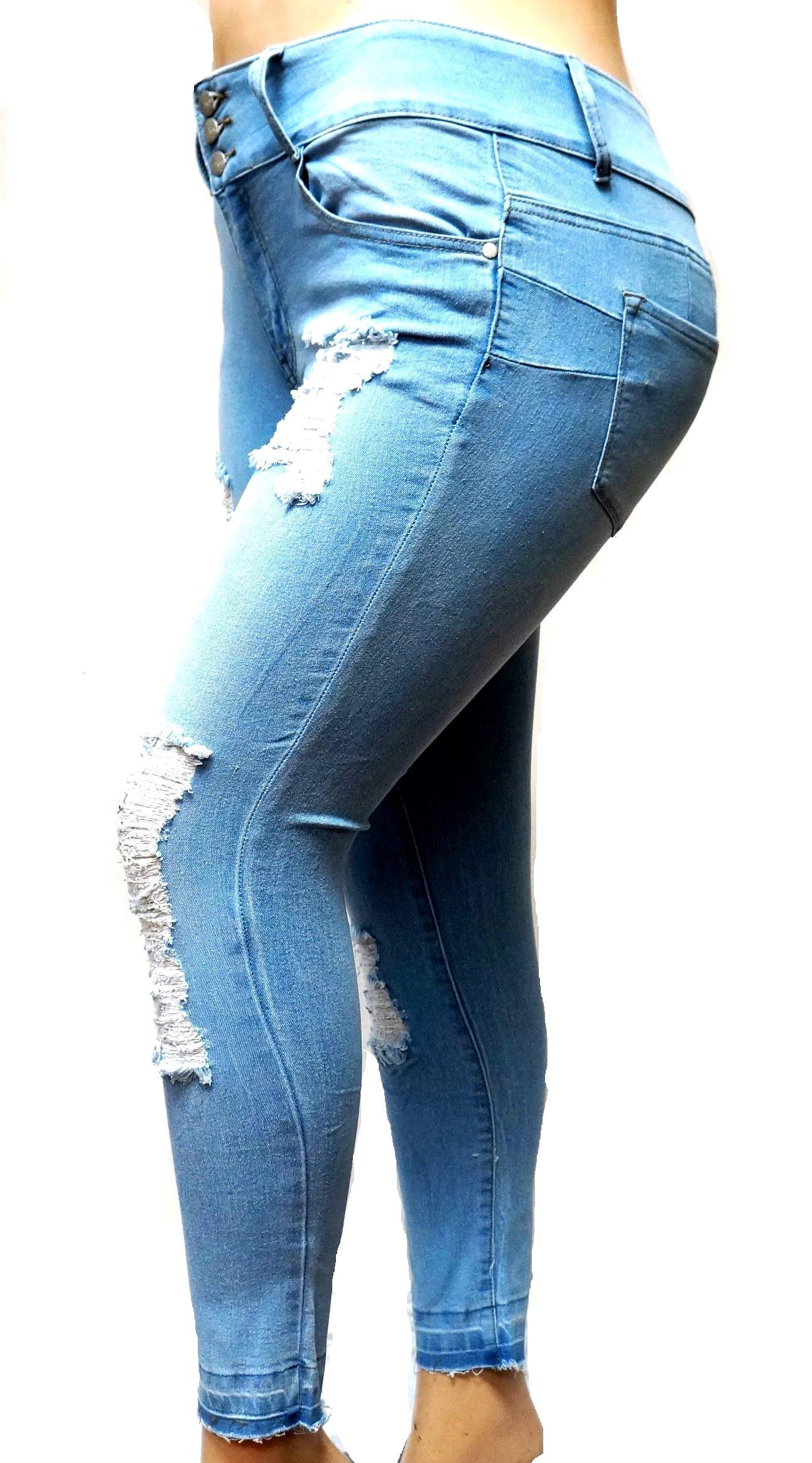 Jack David Women's Plus Size Stretch Distressed Ripped Blue Skinny Denim Jeans - Comfortable High Waisted Pants for Casual Wear & Everyday Outfits