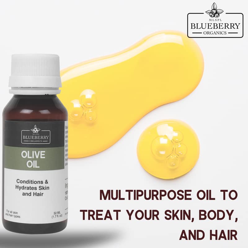 MLSPL BLUEBERRY ORGANICS Olive Oil - 100% Pure Cold Pressed Carrier Oil for Soap Making, Creams, Lotions & Hair Care | 50ml | Natural Moisturizer for Skin & DIY Beauty Products | Perfect for Aromatherapy, Massage & Homemade Cosmetics