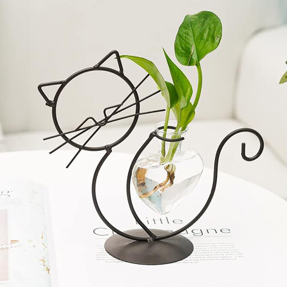 Cat-Shaped Glass Planter Vase with Metal Holder - Hydroponic Planter for Indoor Plants, Succulents & Herbs - Perfect for Home Decor, Office Desk & Gift Giving