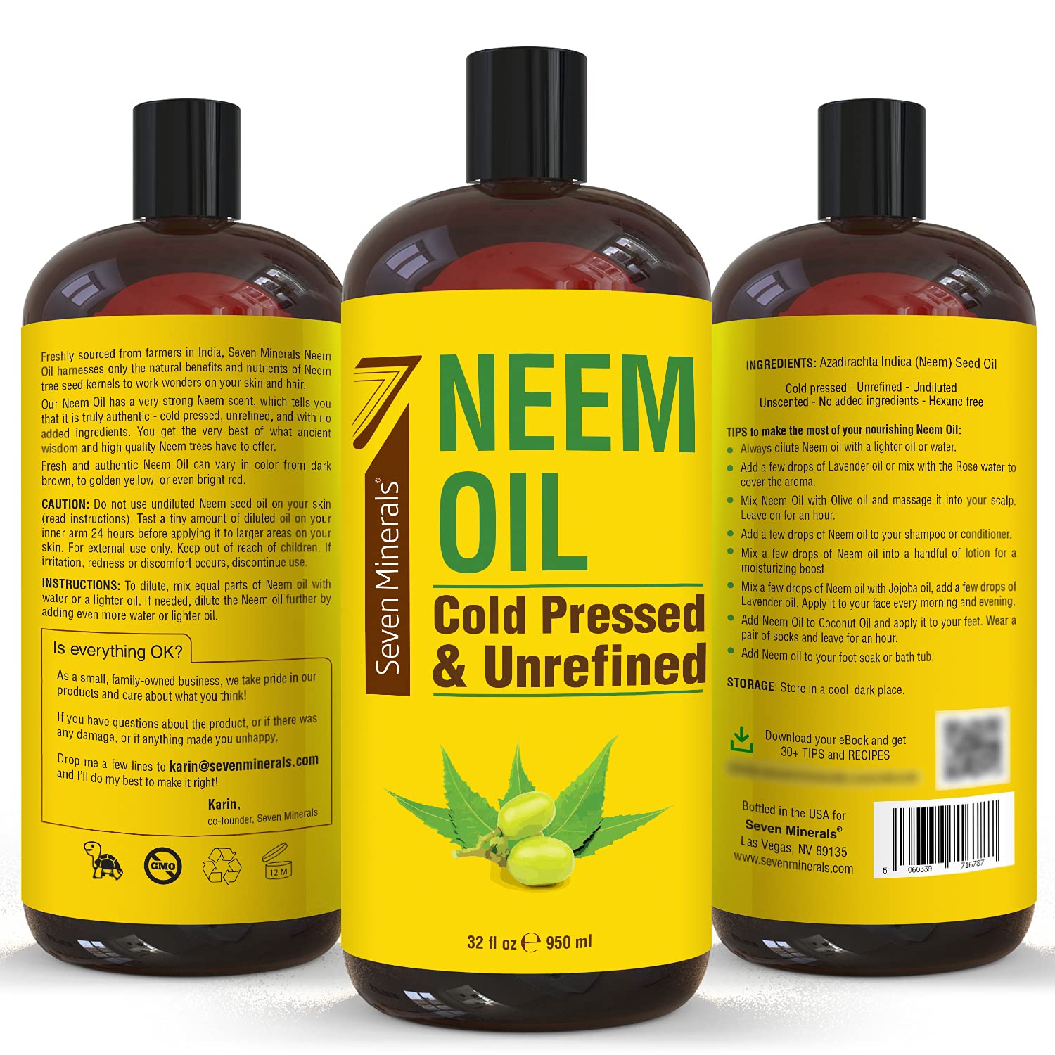 Pure Cold Pressed Neem Oil - 32 fl oz Bottle | 100% Natural, Non-GMO, Hexane Free | Plant Spray, Skin & Hair Care | Treats Dry Skin, Wrinkles, Promotes Hair Growth | Perfect for Organic Gardening, DIY Beauty & Holistic Wellness