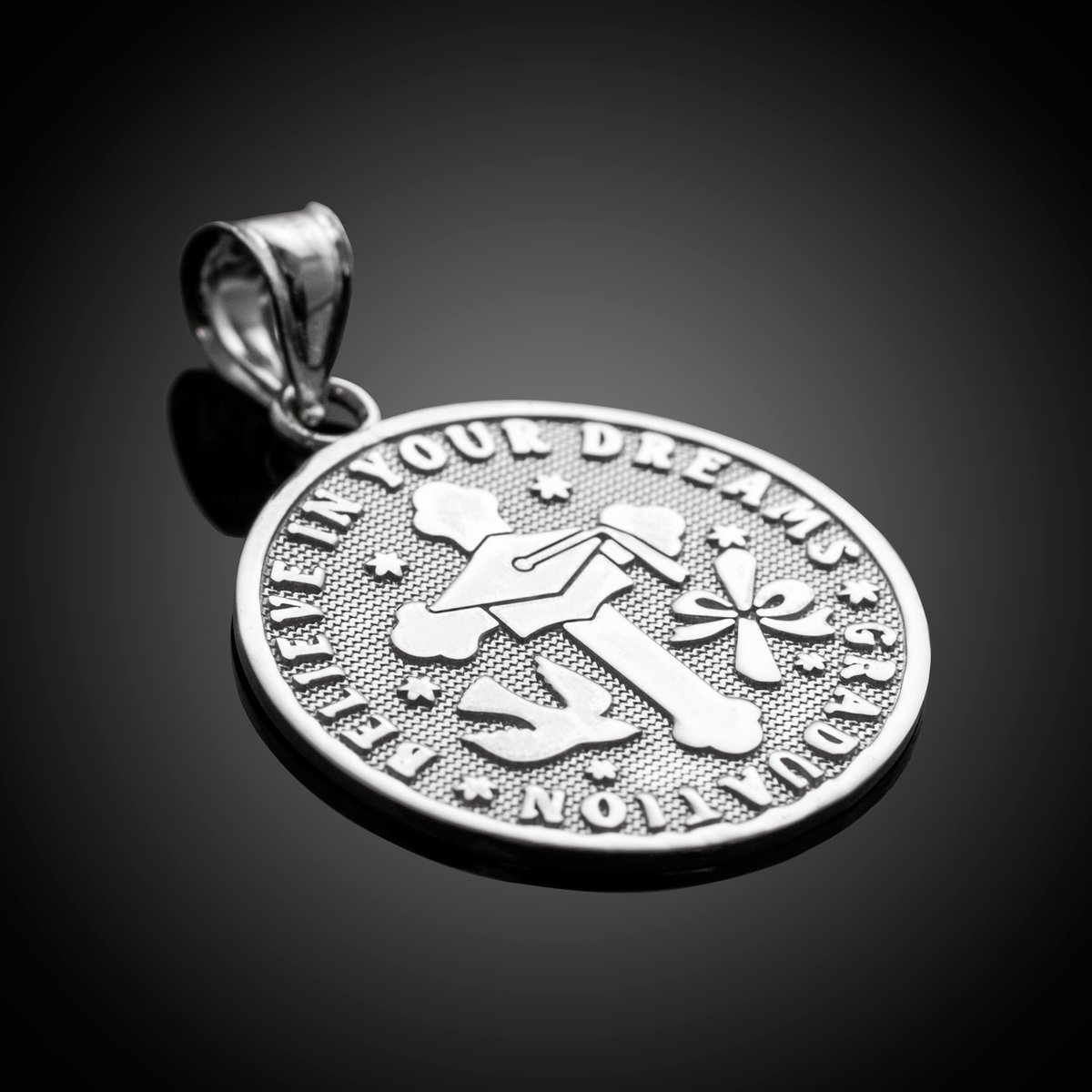 10K White Gold Reversible Graduation Medallion Charm Pendant Necklace - Perfect for Graduation Gifts, Commencement Ceremonies & Academic Achievements