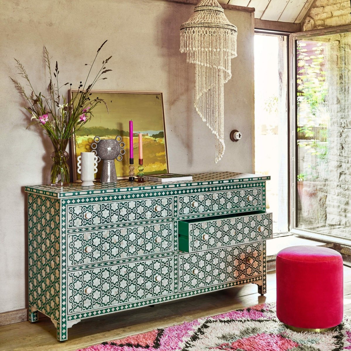 Handmade Floral Bone Inlay Six-Drawer Dresser - Green Bone Inlay Furniture for Bedroom & Living Room Decor