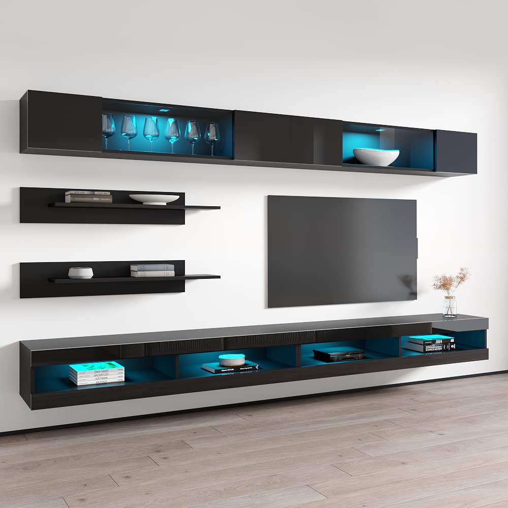 Modern Floating TV Stand with Storage & LED Lights - Wall-Mounted Entertainment Center for Living Room & Bedroom - 34