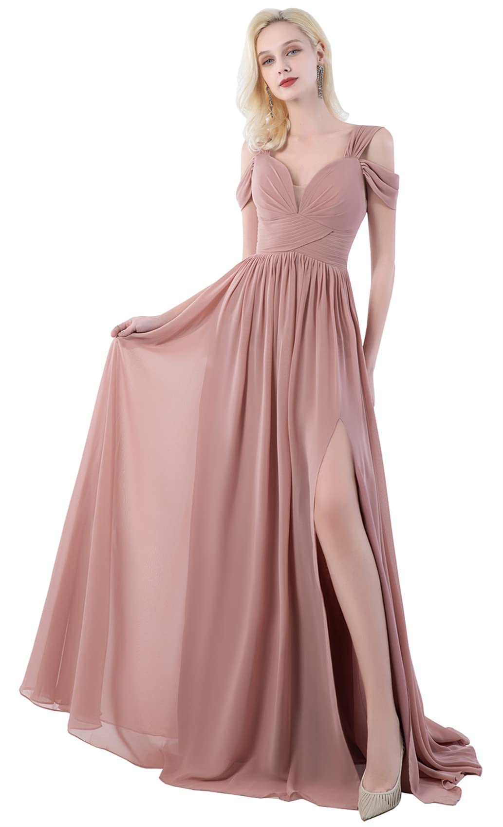 OFEYCHUN Women's Chiffon Bridesmaid Dress Long Sleeve Cold Shoulder A-Line Formal Evening Gown with High Slit - Perfect for Weddings, Prom, Cocktail Parties & Special Occasions