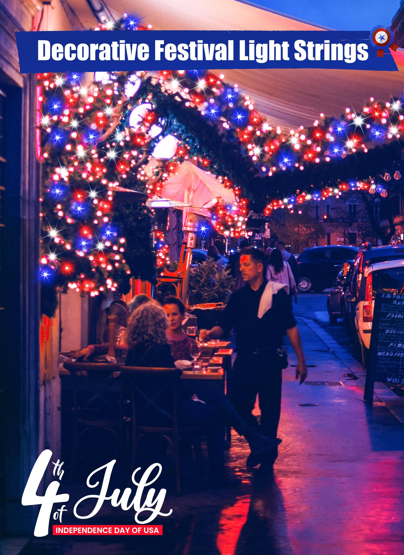 4th of July LED String Lights - 20 Waterproof Patriotic Lights for Outdoor Decor