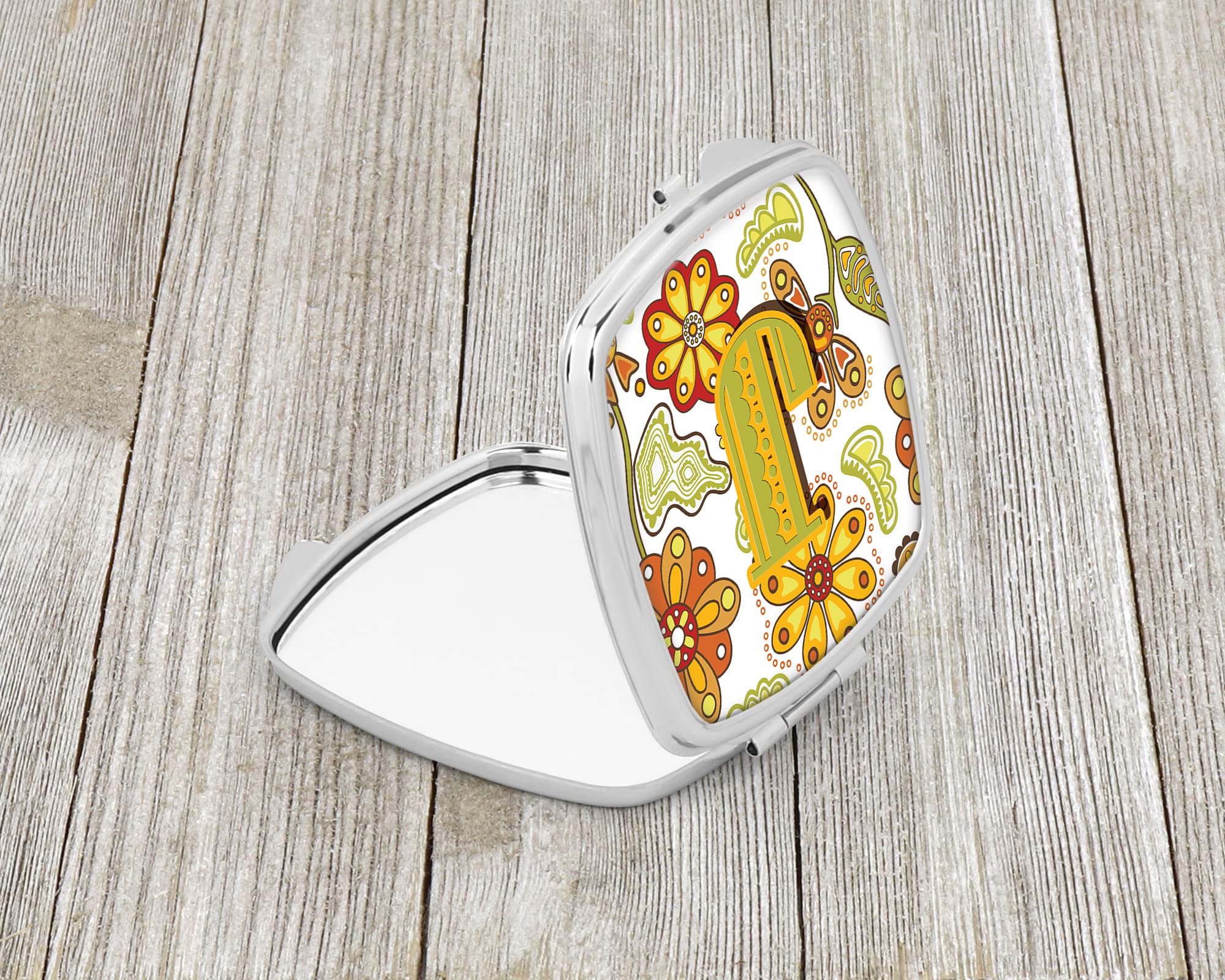 Caroline's Treasures Floral Letter J Compact Mirror - Mustard & Green Travel Makeup Mirror for Women & Girls | Portable Folding Handheld Cosmetic Mirror | Perfect Gift for Birthdays, Travel & Purse Accessory