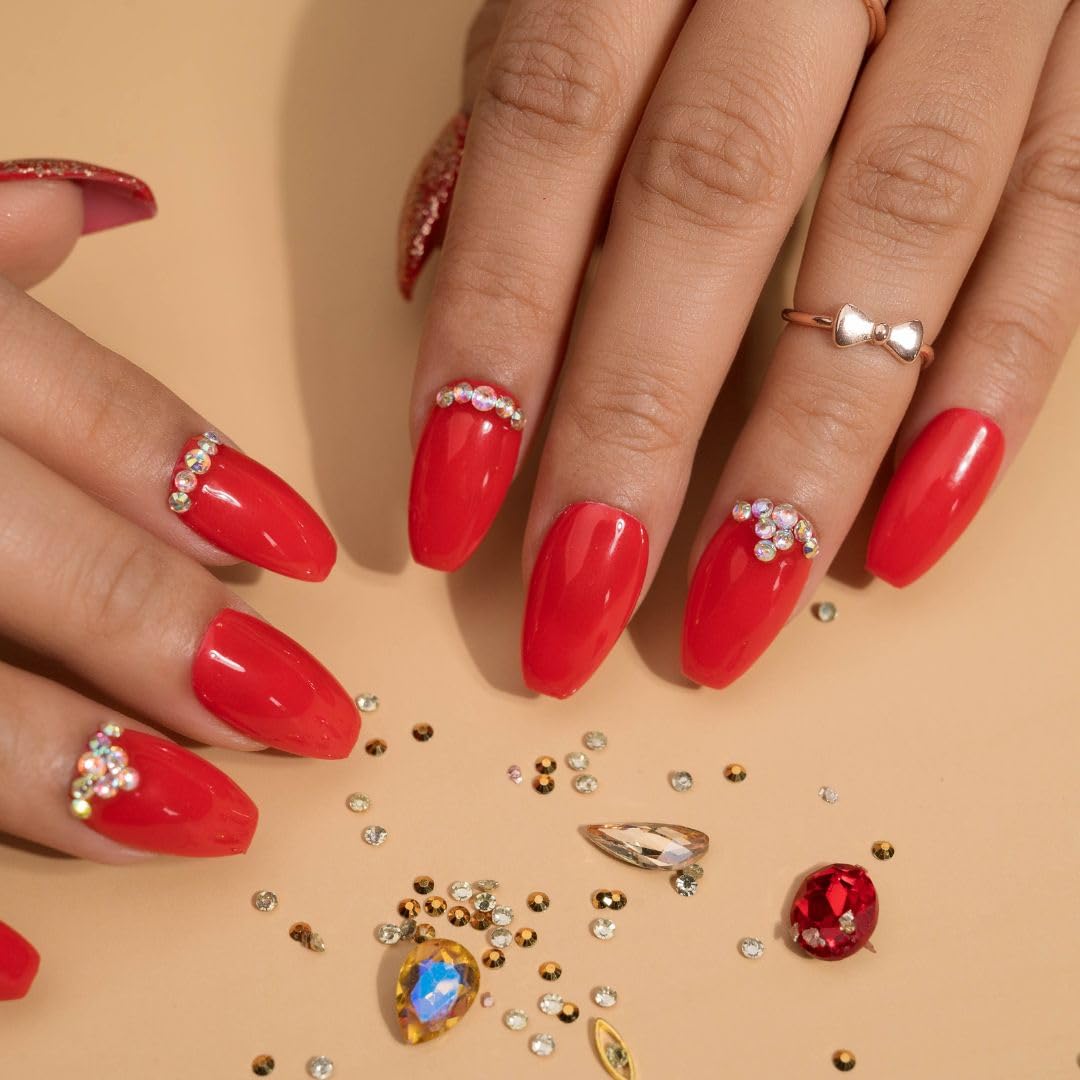 Premium Fake Press-On Nails - Indian Bride Set of 20 | Reusable Full Coverage UV Gel Coated Artificial Nails | Easy to Apply Stick-On Nail Extensions for Weddings, Parties & Special Occasions | Affordable & Time-Saving Manicure Solution for Both Hands