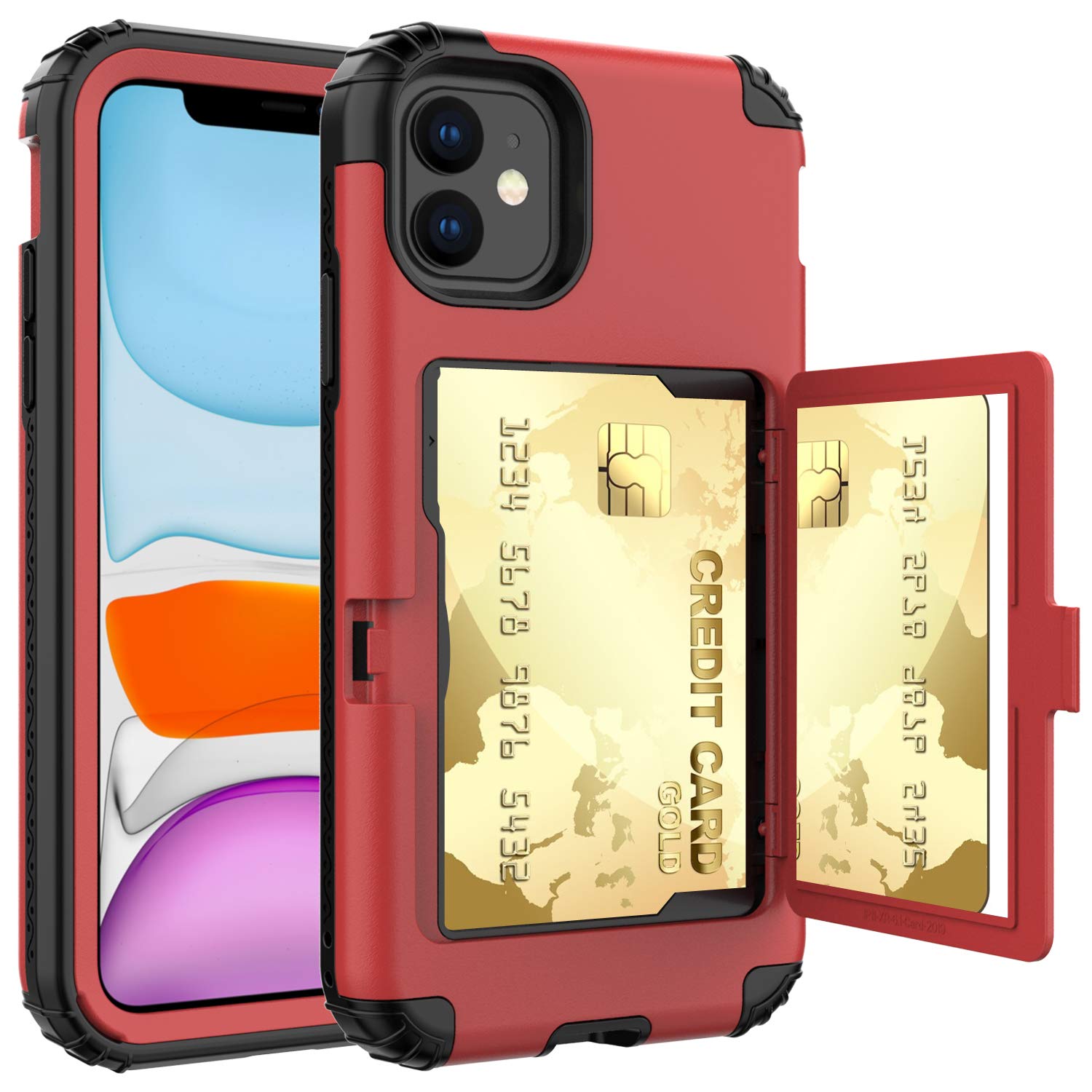 ACXLIFE iPhone 11 Case with Card Holder - Slim Protective Hybrid Cover with Built-in Wallet, Mirror & Kickstand for iPhone 11 6.1 Inch (Red) - Perfect for Daily Use, Travel & Hands-Free Viewing