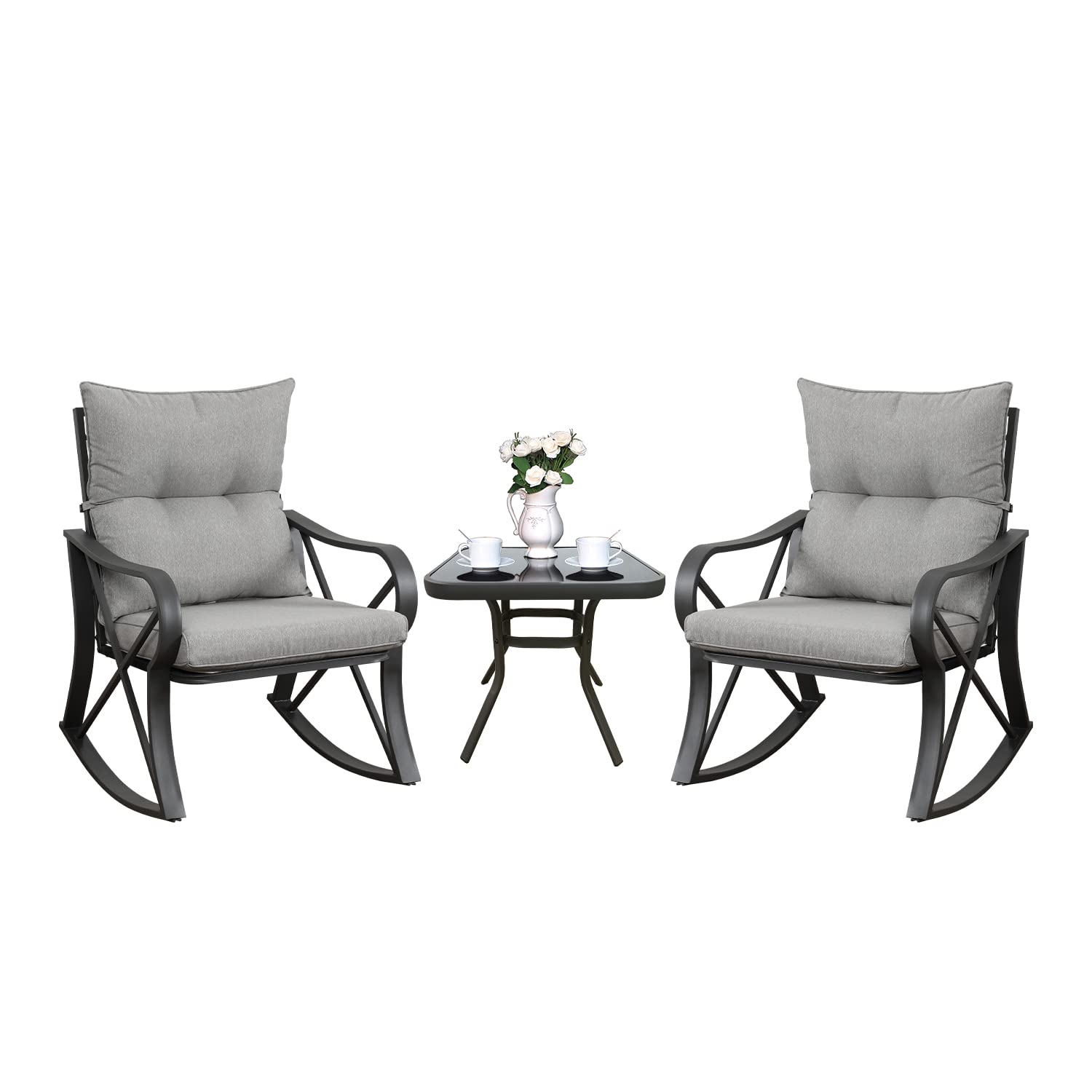Premium 3-Piece Bistro Set with Rocking Chairs & Glass-Top Table - Outdoor Patio Furniture with Warm Gray Cushions for Garden, Poolside, Backyard Relaxation | Perfect for Entertaining, Lounging & Enjoying Sunny Days