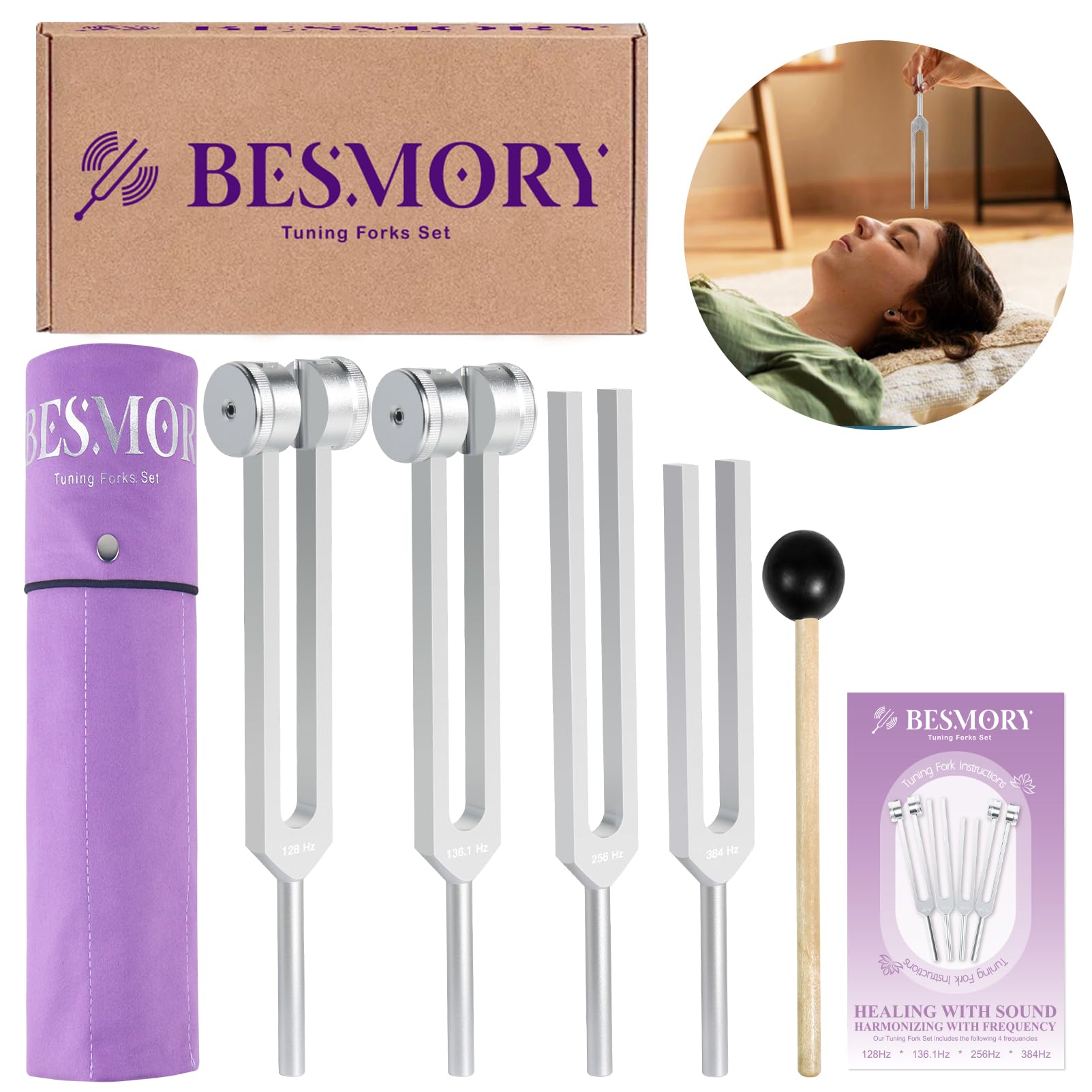 Healing Tuning Forks Set (128Hz, 136.1Hz, 256Hz, 384Hz) with Reflex Hammer - Professional Sound Therapy Tools for Chakra Balancing, Yoga, Meditation & Energy Healing - Perfect for Holistic Practitioners & Wellness Enthusiasts