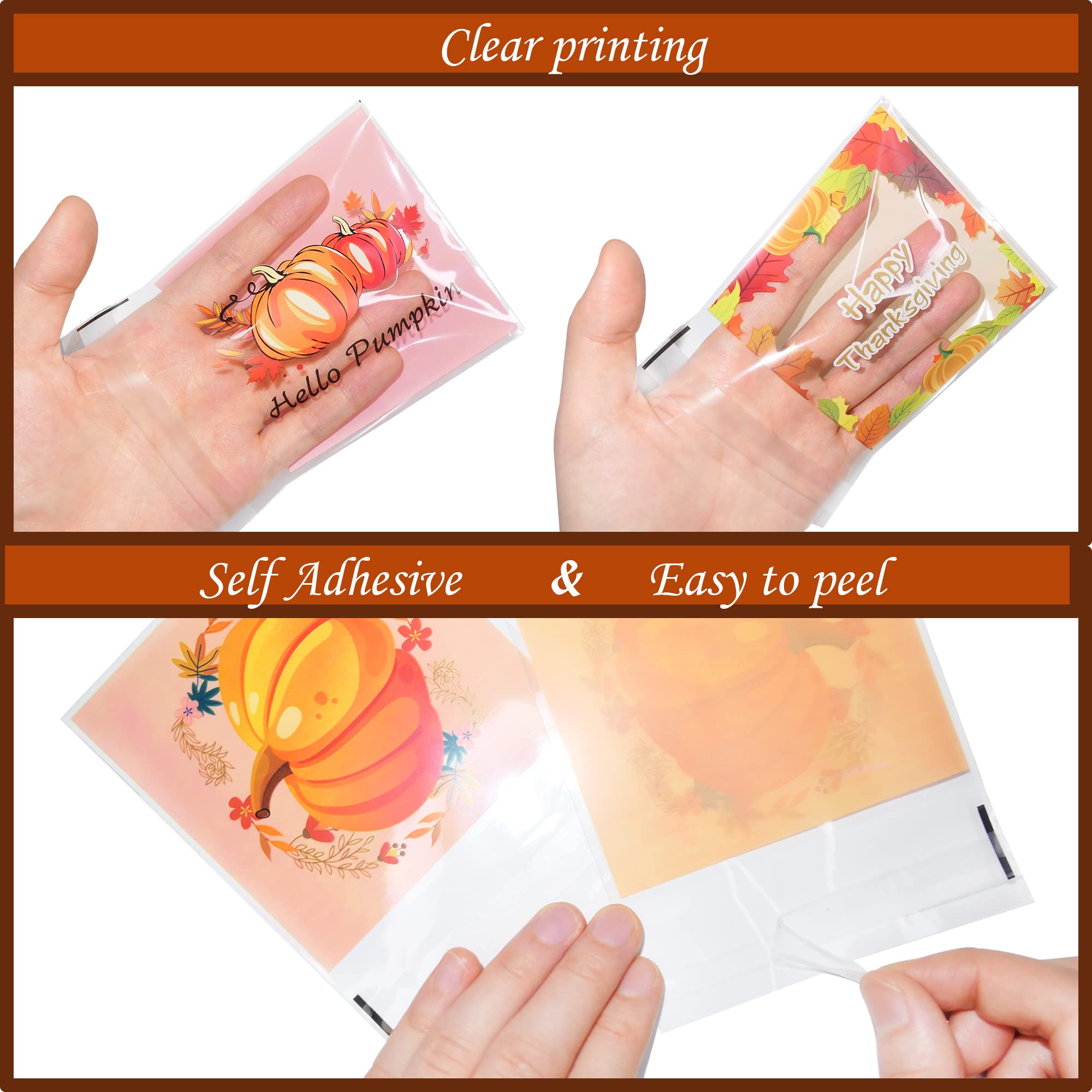 240 Pcs Thanksgiving Cookie Treat Bags - Small Self-Adhesive Cellophane Goody Bags with Pumpkin Design for Autumn & Thanksgiving Party Favors, Candy Packaging, Classroom Treats & Holiday Gift Giving