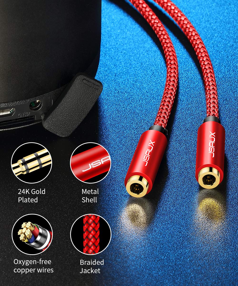 JSAUX 3.5mm Headphone Splitter - 2 Female to 1 Male Audio Adapter for Dual Listening - Compatible with PS4, PS5, Xbox, Nintendo Switch, PC, Phones & Tablets - Perfect for Gaming, Movies & Music Sharing (Red)