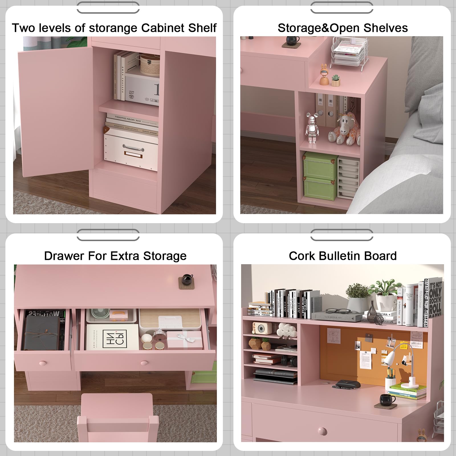 Pink Kids Study Desk and Chair Set for Ages 5-12 - Adjustable Children's Computer Desk with Bulletin Board, Storage Drawers & Cabinets - Perfect for Homework, Online Learning & Arts & Crafts